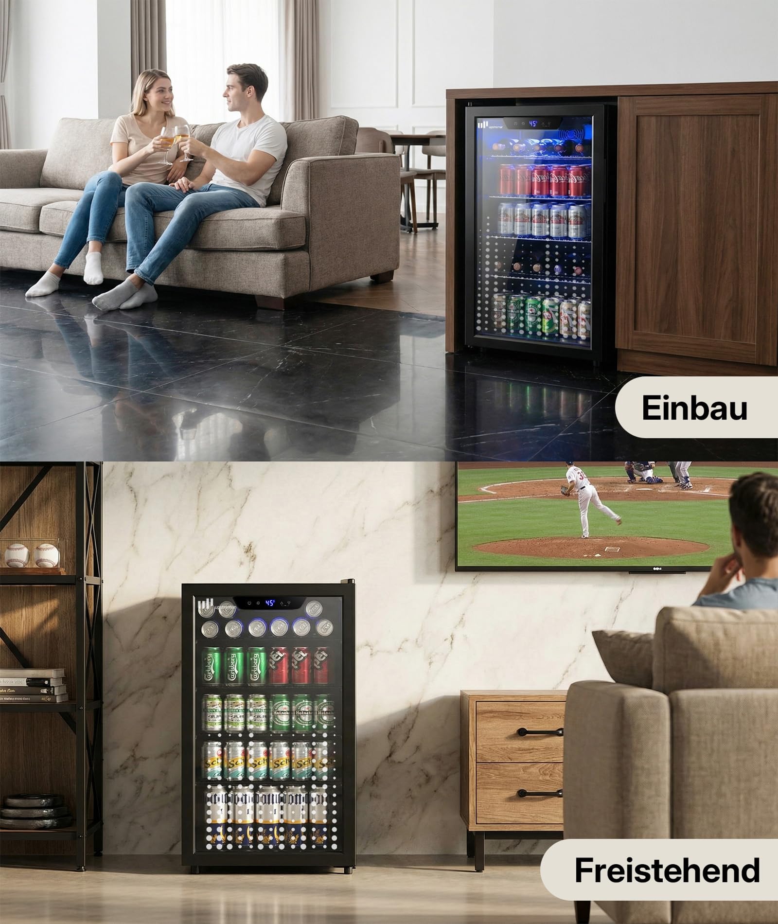 Upstreman 91L Getränkekühlschrank, Mini-Kühlschrank für 126 Dosen mit Glastür, mit verstellbare Regale für Bier, Wein & Soda – Ideal für Haushalt, Bar, Büro, Wohnung
