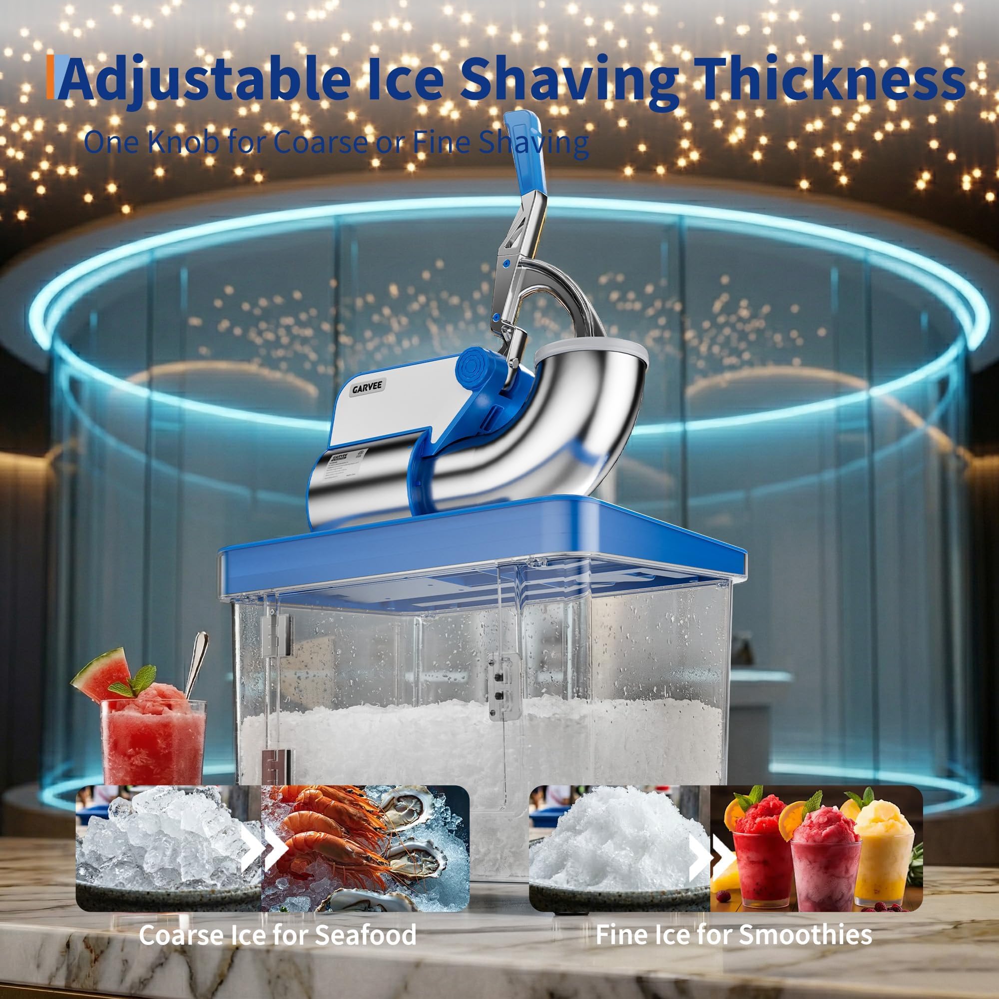 Garvee Professioneller Eiscrusher 300W – 4 Edelstahlklingen, Doppel-Schneide, 50L Behälter, 300kg/h – Gewerbliche Eismaschine für Bar, Restaurant & Küche – Perfekt für Cocktails, Smoothies & Slush –