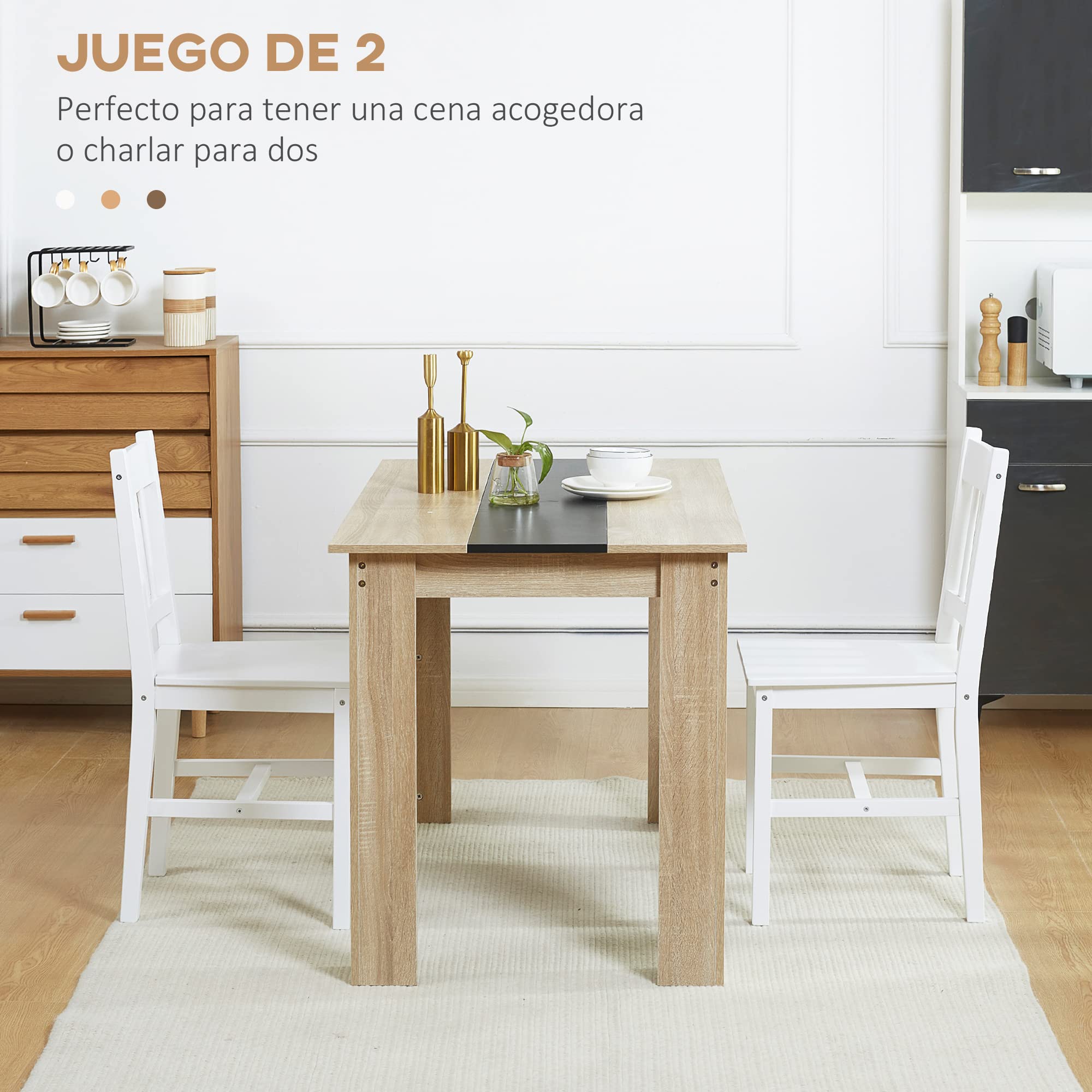 HOMCOM Juego de 2 Sillas de Comedor de Madera Maciza de Pino, Sillas de Cocina con Respaldo de Listones, Asiento Amplio, para Salón, Blanco