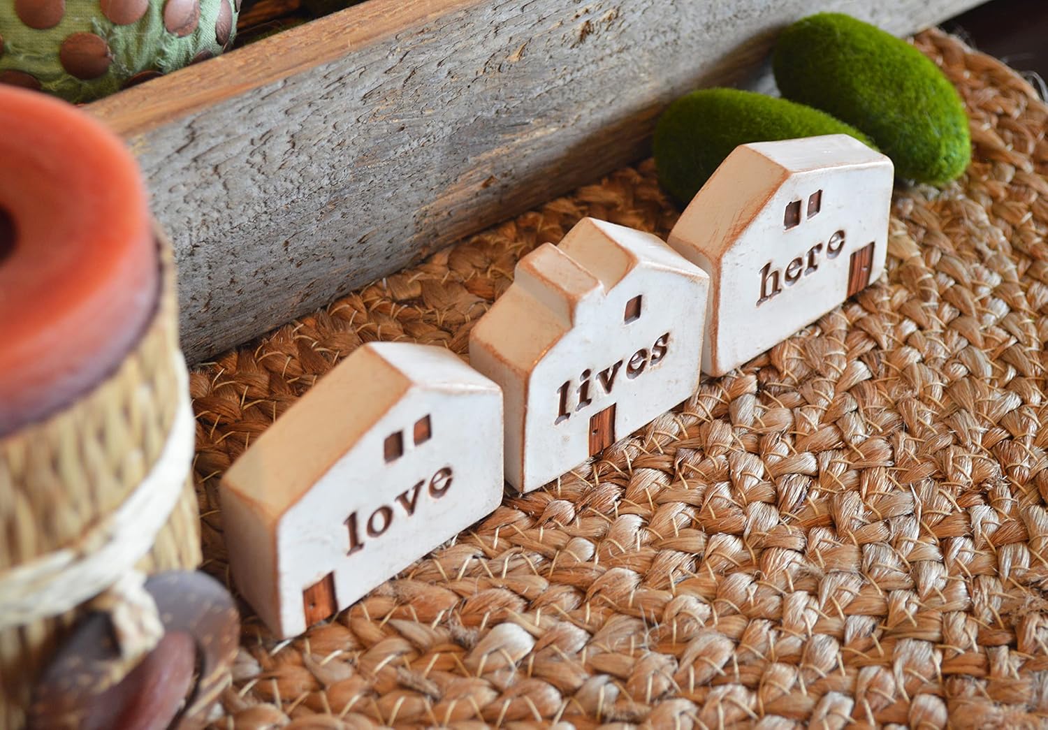 Love Lives Here houses/text on 3 houses/desk tabletop decor/bookshelf neighborhood/gift for family friends