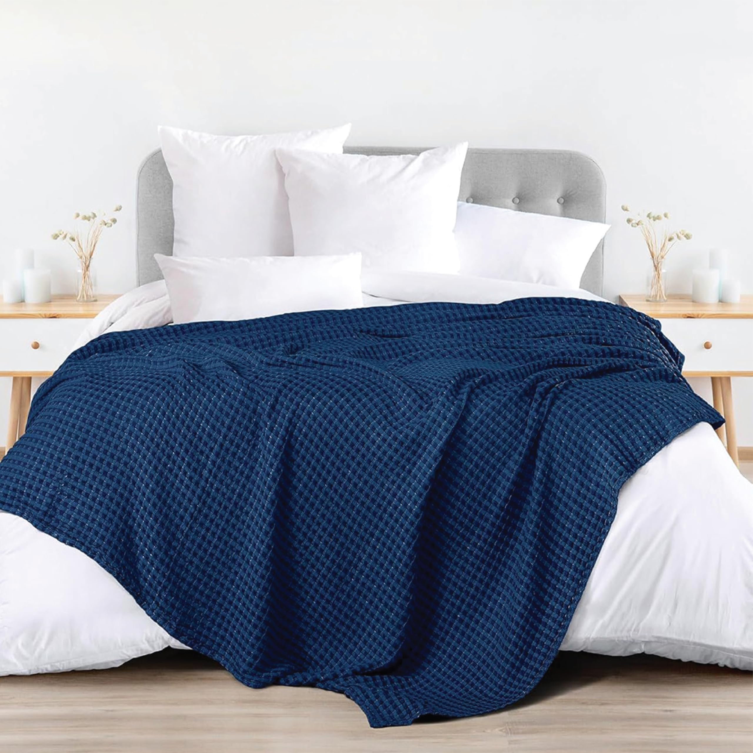 Urban Space 100% Cotton Waffle Weave Blanket, Cotton Dohar for Double Bed, Breathable & Skin Friendly All Season Blanket for Bed, Double Bed Blanket (220cm x 240cm, Navy)