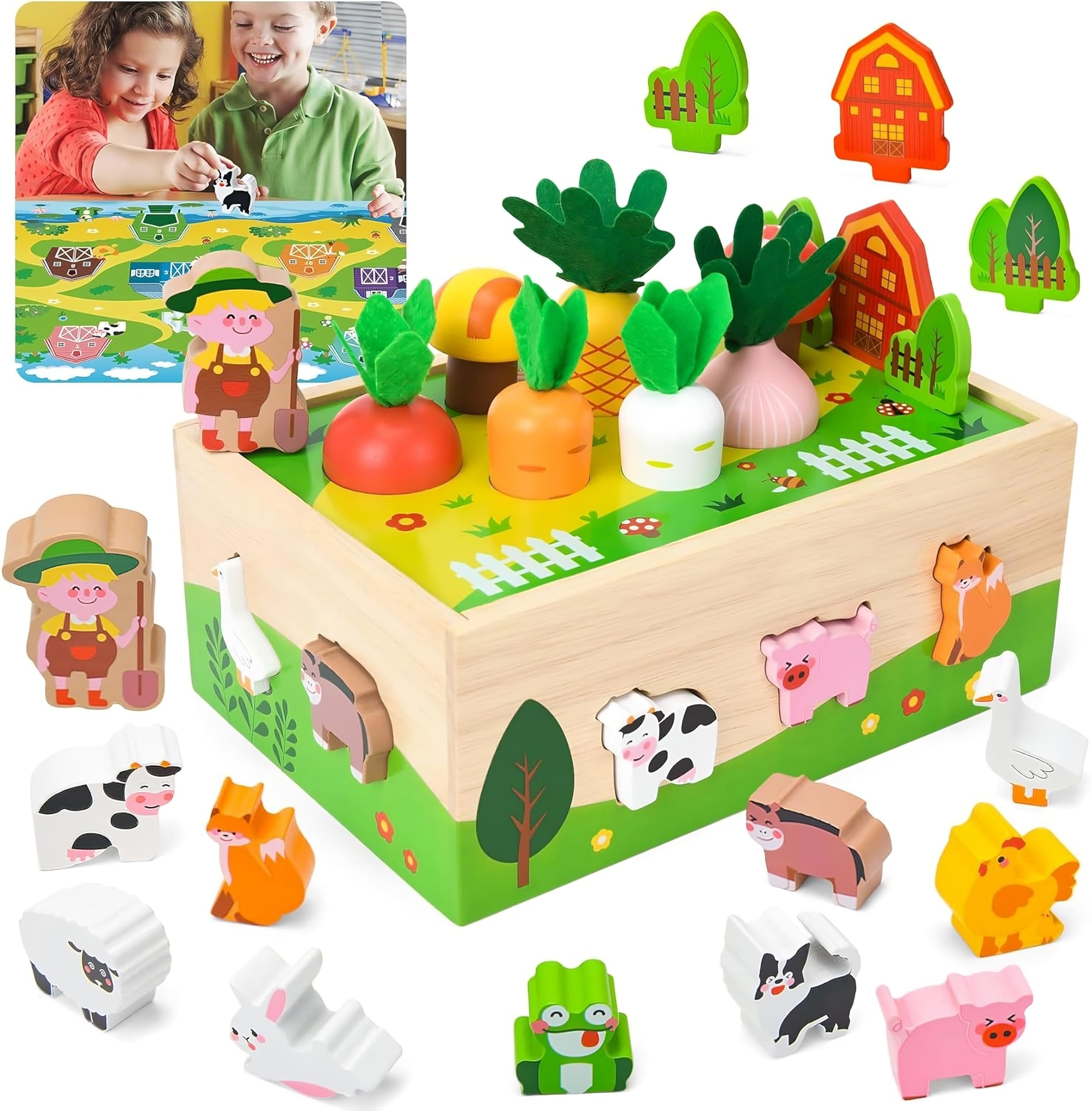 Montessori Juguete de madera para niños de 1, 2 y 3 años, juego de granja con animales y verduras, regalo para niñas y niños