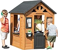 Backyard Discovery Sweetwater Cedar Playhouse: Kids Wooden Cottage with Play Kitchen, Snack Bar, Doorbell & Flowerpot Holders for Outdoor Fun