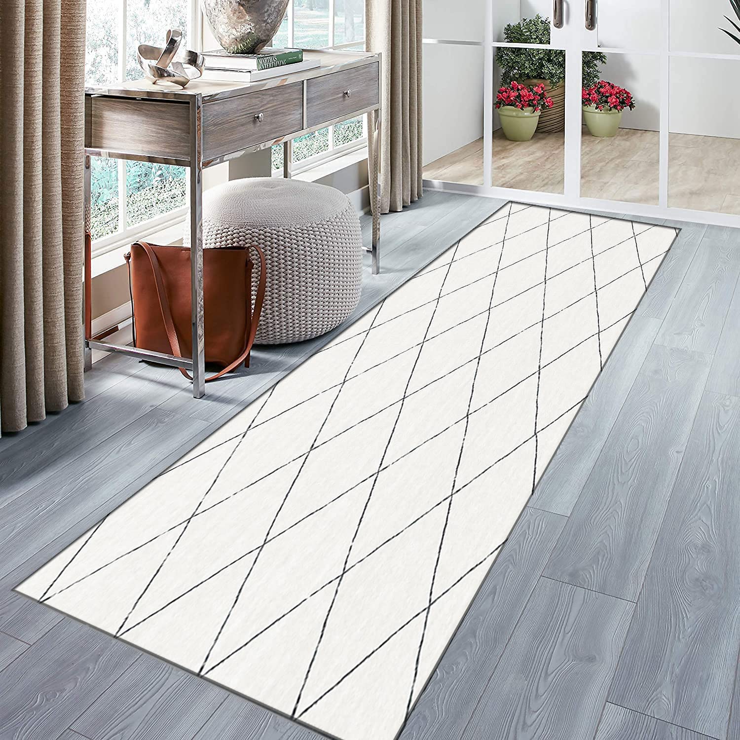 Läufer Teppich Flur Küche rutschfest Waschbar Modern Geometrisch Kariert Design Strapazierfähig Strukturiert Teppich Geeignet für Wohnzimmer und Eingangsbereich