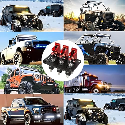 Miniatura 6 de Jtron - 3 interruptores de palanca de auto de carreras rojos, interruptor universal de encendido de 12 V, 3 grupos, placa de aluminio negro de