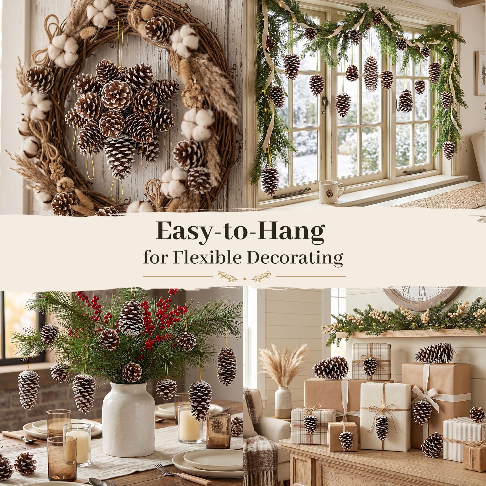 JOHOUSE Piñas de pino natural con nieve, 28 piñas de Navidad con cuerdas, surtido de piñas rústicas para decorar Navidad, otoño e invierno