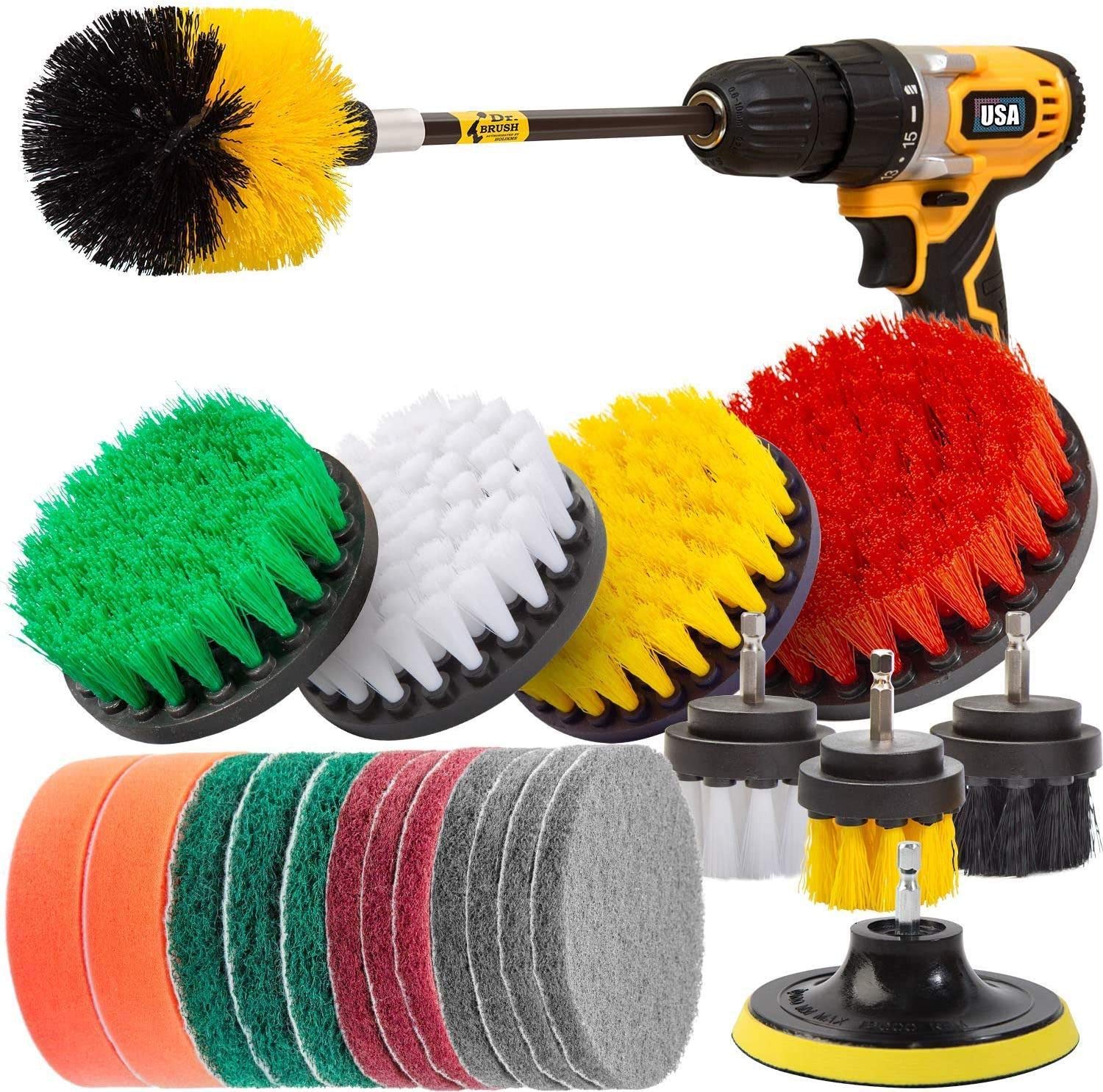 22Piece Drill Brush Attachments Set,Scrub Pads & Sponge, Power Scrubber Brush with Extend Long Attachment All Purpose Clean for Grout, Tiles, Sinks, Bathtub, Bathroom, Kitchen