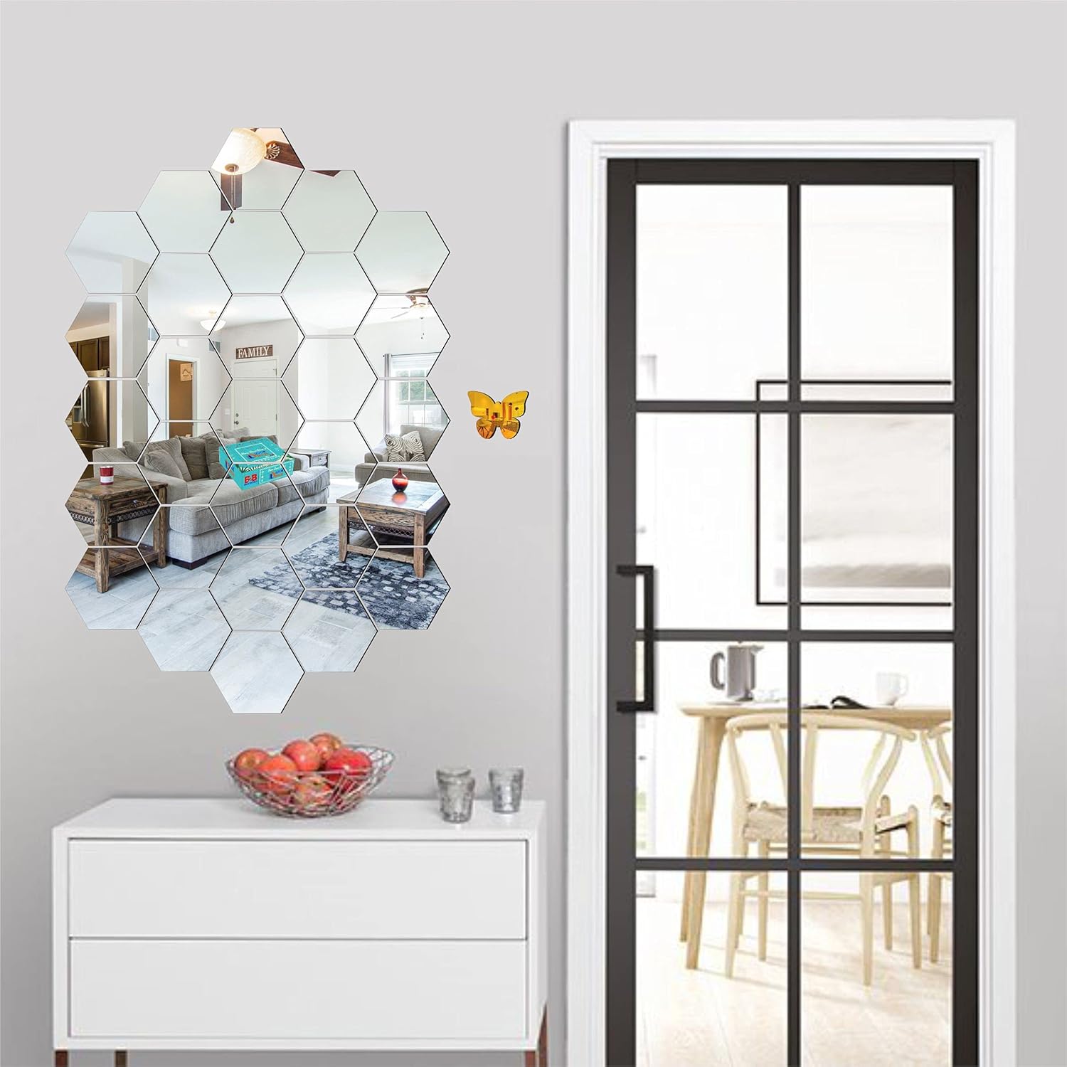 Buy Look Decor 28 Hexagon Silver With 10 Butterfly Golden wall mirrors