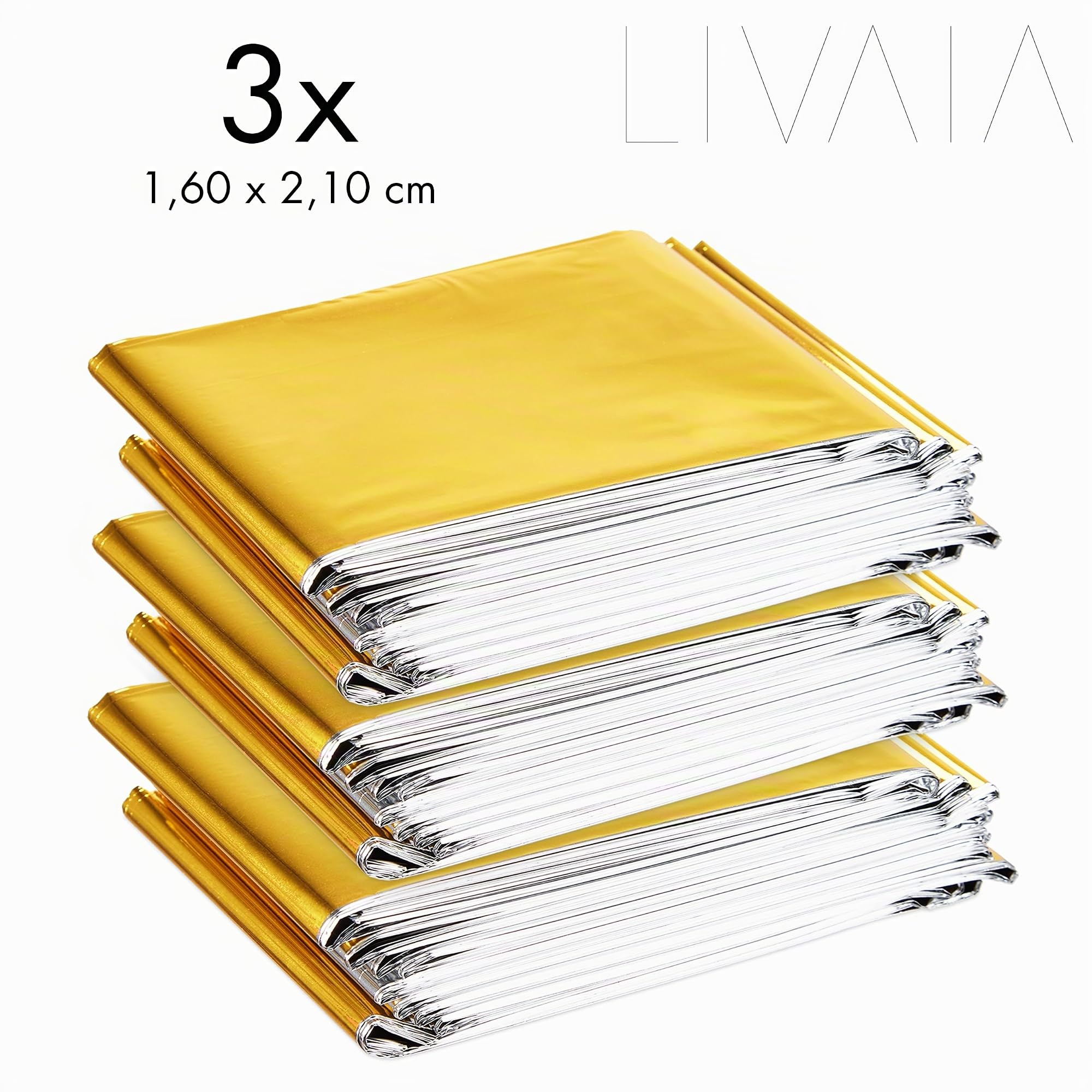 LIVAIA Manta de primeros auxilios de emergencia - Manta impermeable oro/plata - 3 piezas - Protección contra calor/frío - 3 piezas - 160 x 120 cm