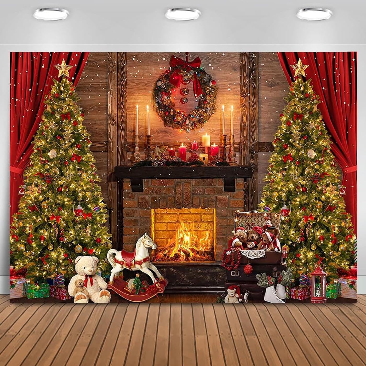 Mocsicka 10x8ft Christmas Backdrops for Photography - Vintage Fireplace, Xmas Tree, Toy Bear & More for Family Holiday Party Supplies
