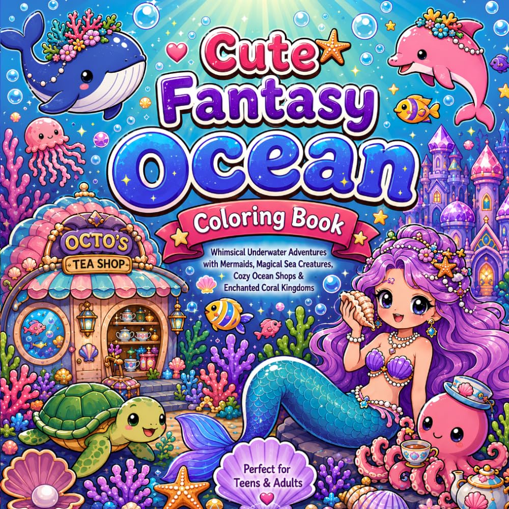 Cute Fantasy Ocean Coloring Book: Cute Fantasy Sea Creatures, Mermaids, Cozy Ocean Shops & Relaxing Coloring Pages