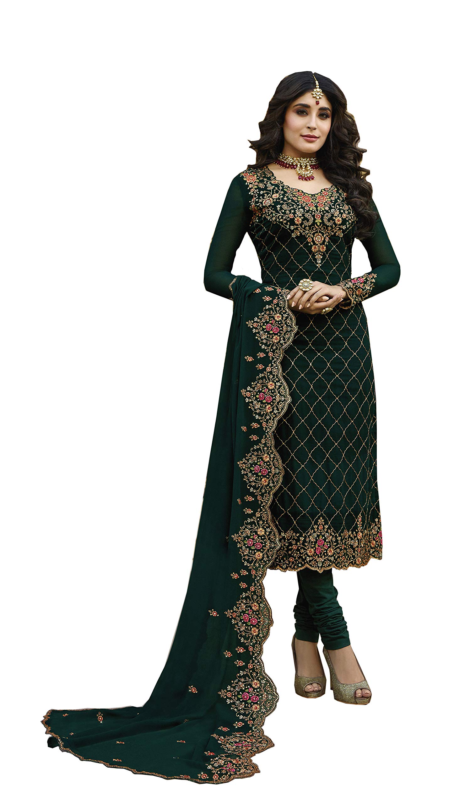 RUDRAPRAYAG Women's Faux Georgette Semi-Stitched Salwar, Green, Free Size