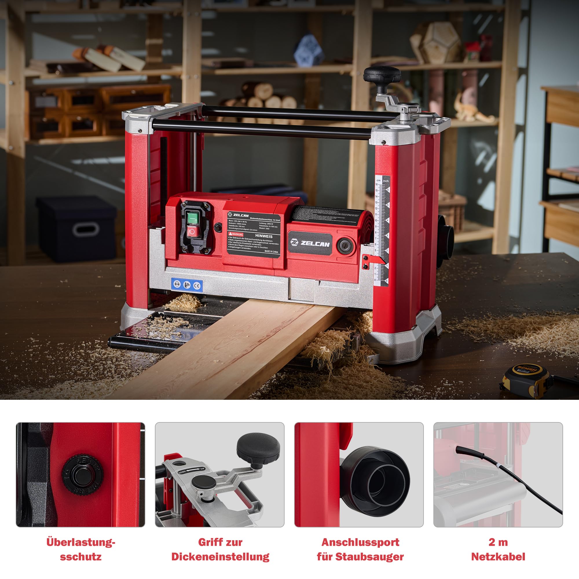 ZELCAN Dickenhobelmaschine 2000W Hobelmaschine Dickenhobel 20000 Schnitte/Min, Elektrohobel 2 Hobelmesser Durchlasshöhe/-breite: 15cm/33cm, Spanabnahme max.: 3 mm mit Absaugung