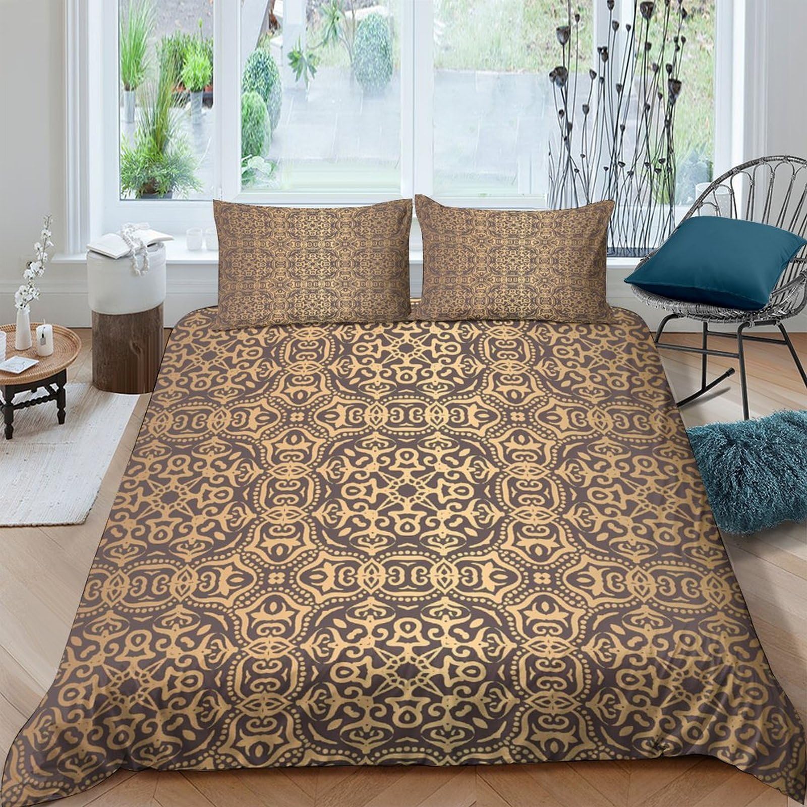 Ctjqhvkz Style-2 3D Printed Vintage Geometric Pattern Fitted Sheet Microfiber Brown Gold Moroccan Mattress Cover Bedroom Home Decor Single（135X200cm）