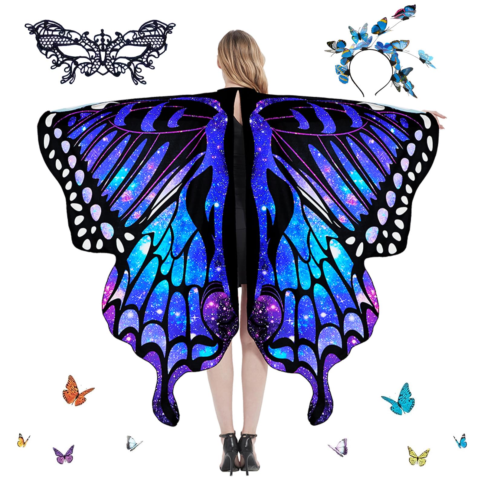 DAZZTIME Disfraz de Mariposa para Mujer,Chal de Mariposa para Adulto,Diadema de Mariposa,Máscaras de Encaje,Alas de Mariposa para Mujer,Disfraz de Mariposa,para Carnaval Pascua Fiesta Cosplay