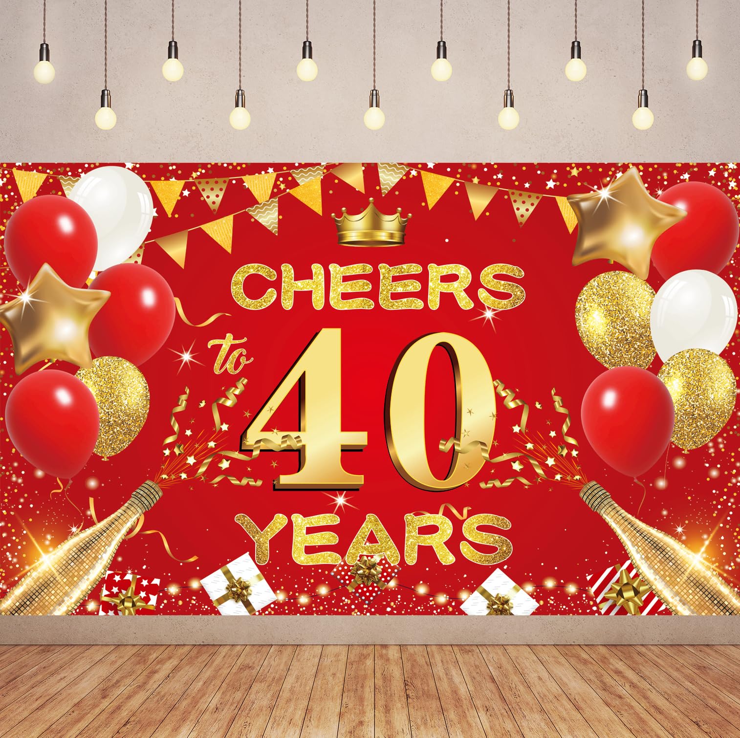 Red Gold Cheers 40 Years Backdrop Banner Happy 40th Birthday Background Decorations for Women Men Her Him Anniversary Photography Party Supplies.
