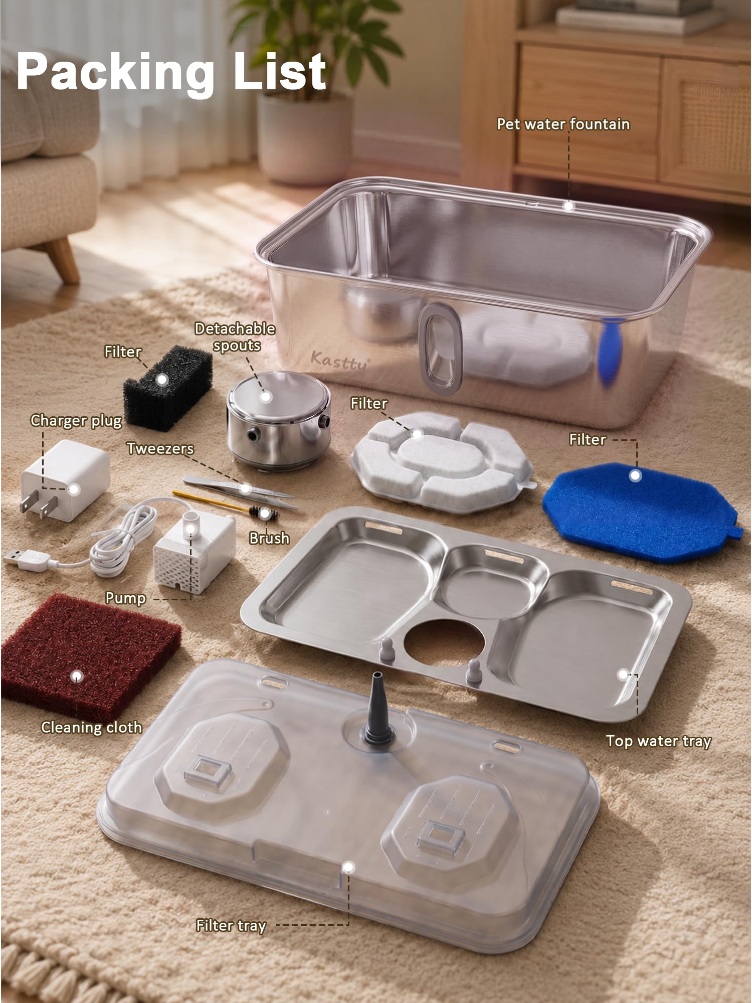 Kastty Fontaine à eau pour chien de 17 L, grande capacité en acier inoxydable, distributeur automatique silencieux avec lumière LED, facile à nettoyer pour grands chiens et animaux multiples FS84