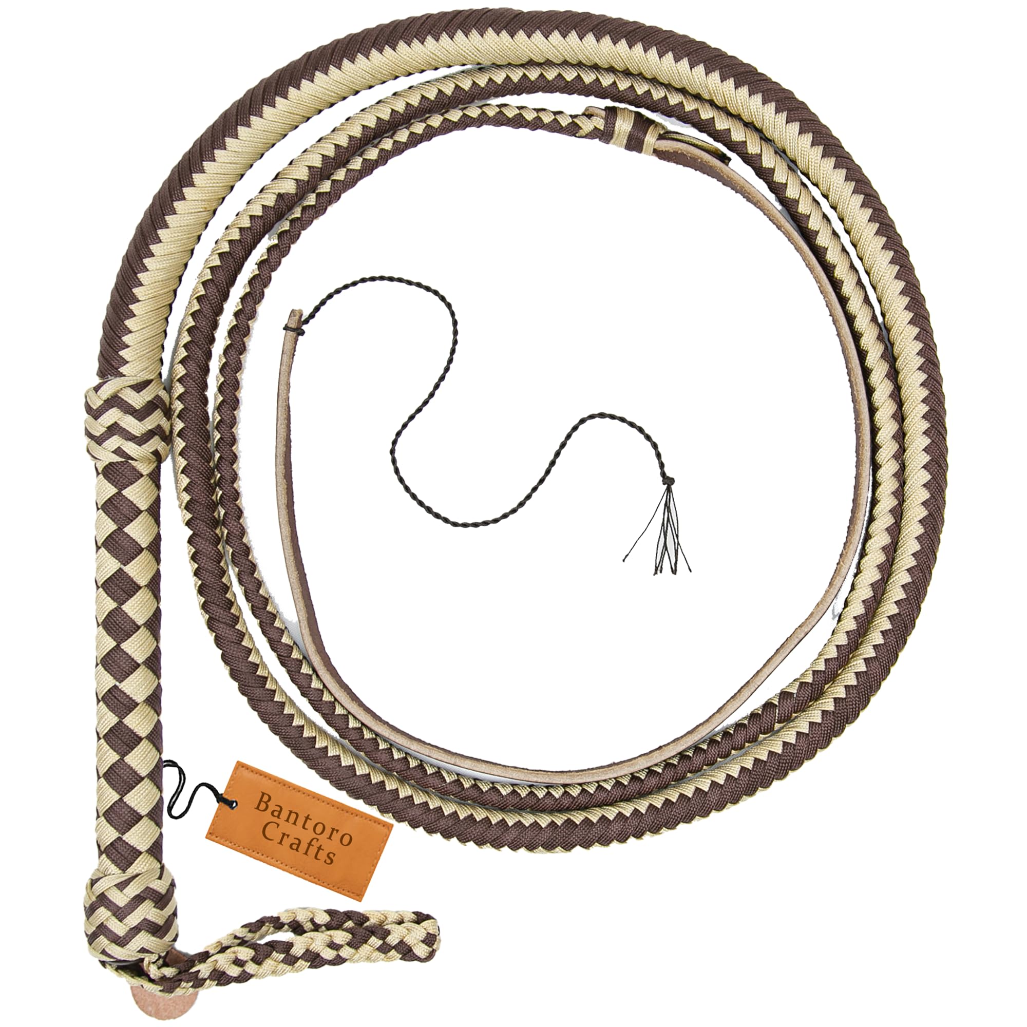 Paracord Marrone e Beige/Frusta in Nylon 16 Fili a trecce Pancia Intrecciata in Pelle e Rinforzo Interno in Pelle