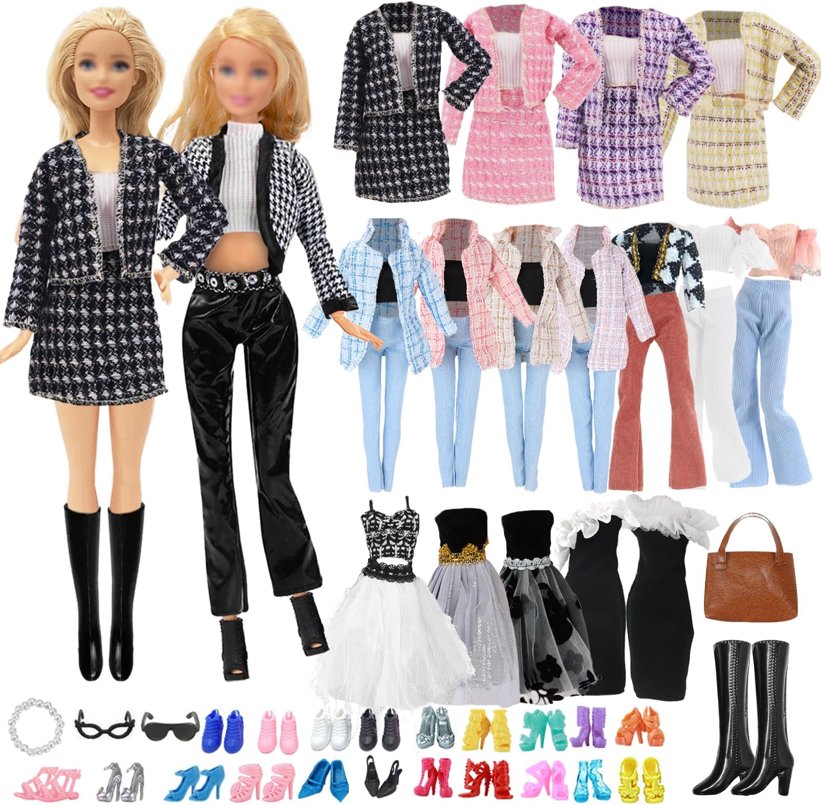 16 Doll Clothes Set Compatible with Barbie Doll, 3 Stylish Check Coat Set 2 Party Dresse 1 Short Sleeve Pants 1 Bag 1 Neck Accessorie 2 Eyeglasses 1 Boots 5 Shoes for 11.5 Inch Dolls Girls Gift Random