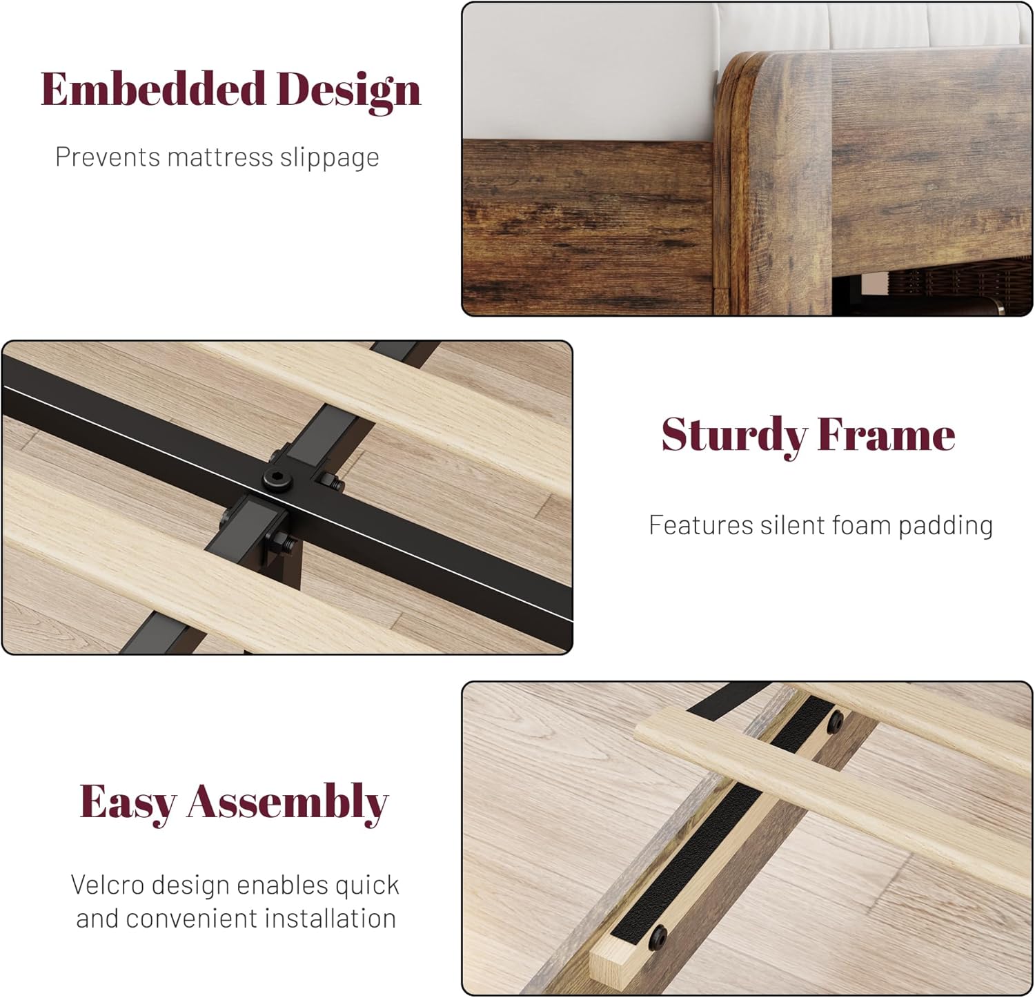 Queen Bed Frame, Queen Size Bed Frame with Storage Headboard, Platform Bed Frame with Charging Station and LED Lights, Sturdy Wooden Slats, No Mattress Required, No Noise，Brown