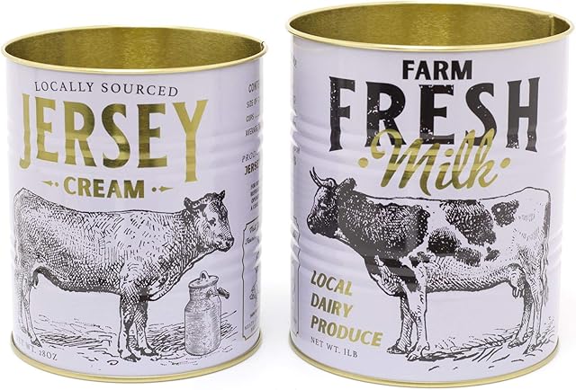 Carousel Home Gifts Set Of 2 Farm Fresh Retro Metal Storage Tins | General Store Decorative Display Can | White Vintage Metal Tin Cans