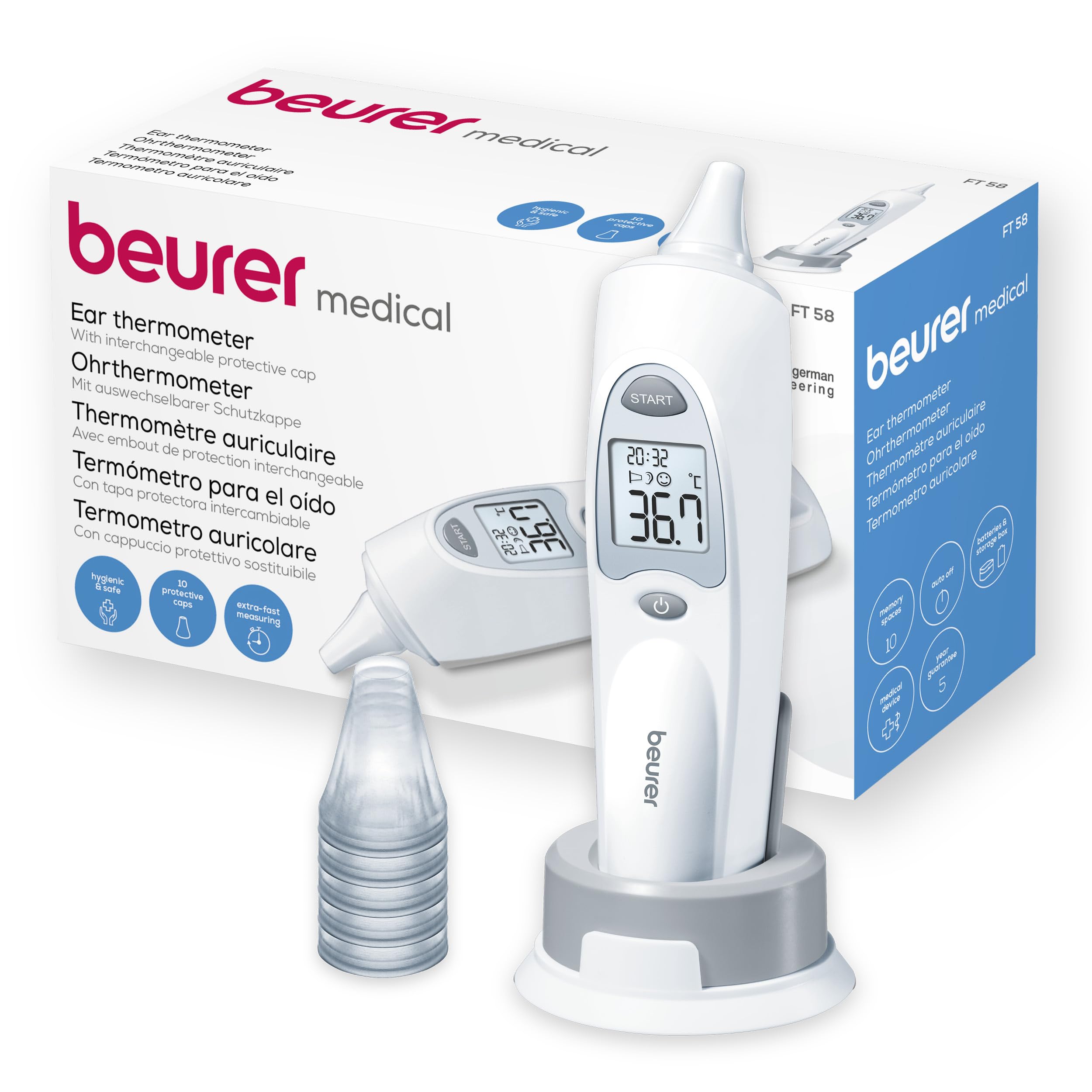 Beurer FT 58 Ear Thermometer, Fever Thermometer with Infrared Technology for Ear & Object Temperature Measurement, Fever Indicator, incl. 10 Protective Caps, for Babies, Children, and Adults