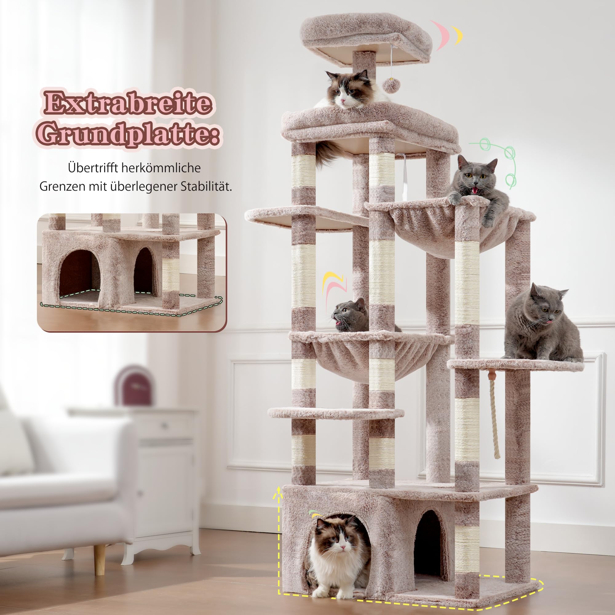 Heybly Kratzbaum, 180 cm Kratzbaum Groß mit extrem Stabiler Basis, XL-Plattform, großes Katzenhaus, 2 Hängematten, mehrstöckige Katzenmöbel für Maine Coon und andere Großkatzen, Braun-beige HCT037MU