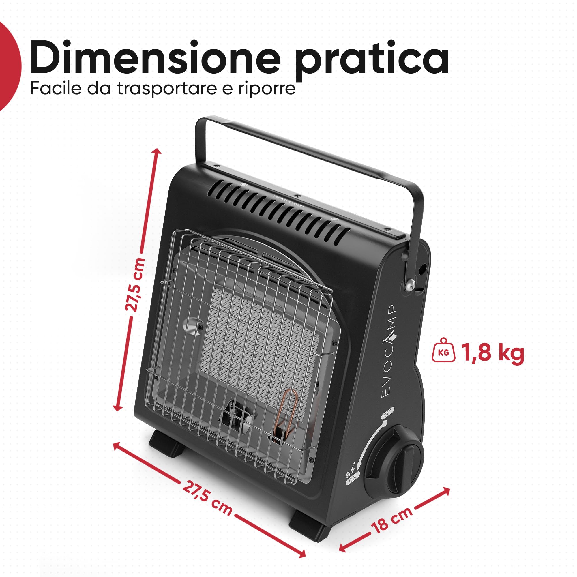 EVOCAMP Riscaldatore a gas portatile, riscaldatore da campeggio 1,7 kW, riscaldatore a gas per esterni con sistema di sicurezza contro la carenza di ossigeno (+ 4 cartucce di gas)