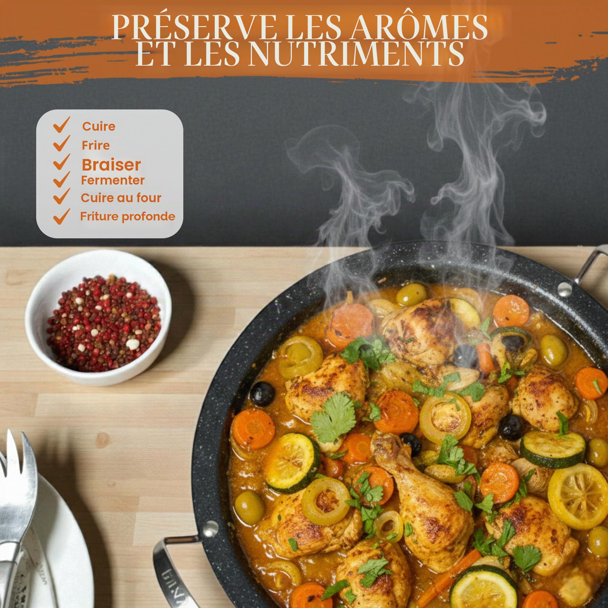 Tajine Royal Swiss 38 cm – Acier inoxydable, revêtement antiadhésif, couvercle porcelaine – Toutes sources de chaleur, induction, gaz, électrique – Cuisine saine (Noir, 38 cm)