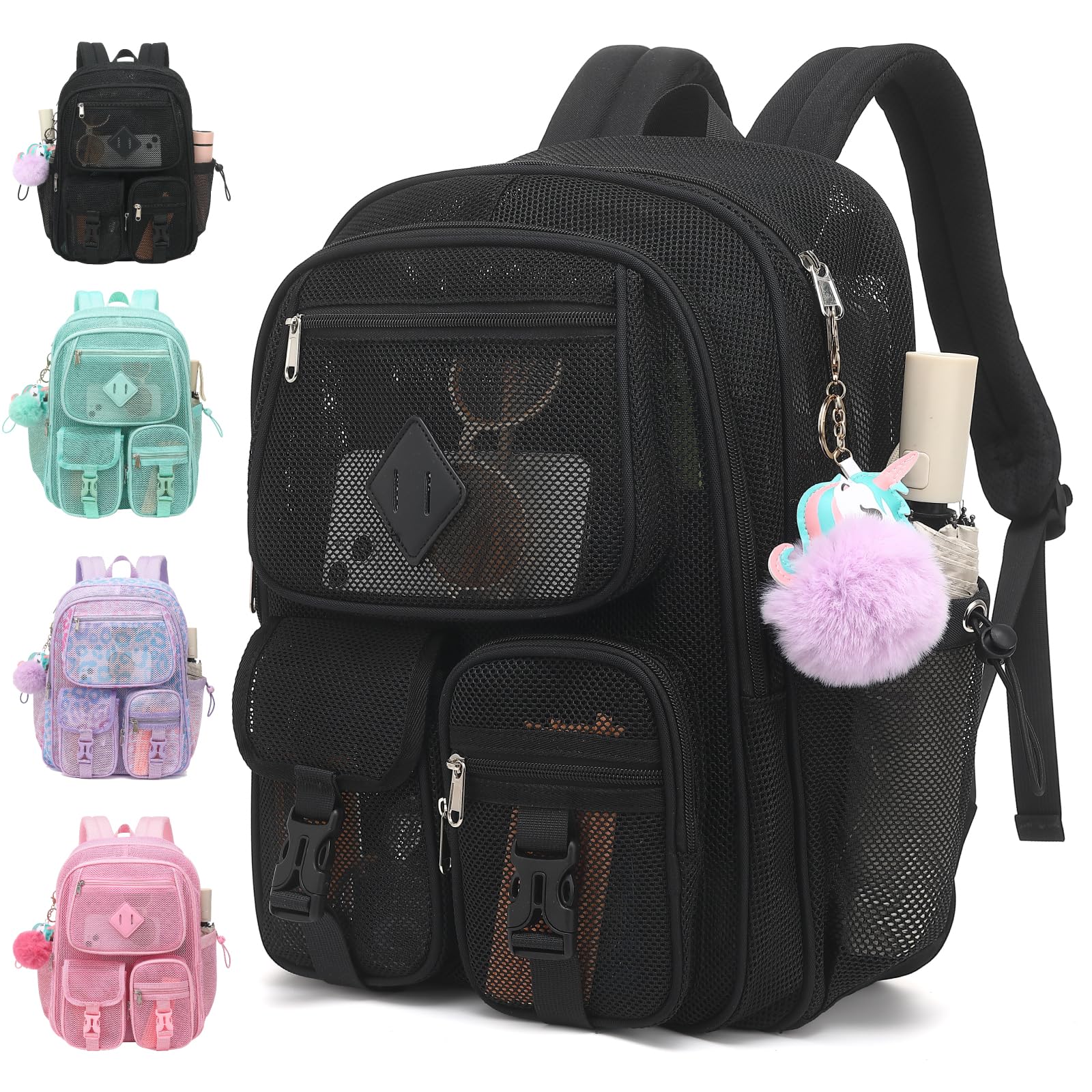 Lroiutian Mesh Backpack for Girls Boys, Heavy Duty Semi-Transparent Bookbag Womens Mens Backpacks for School, Beach, Swimming—Black