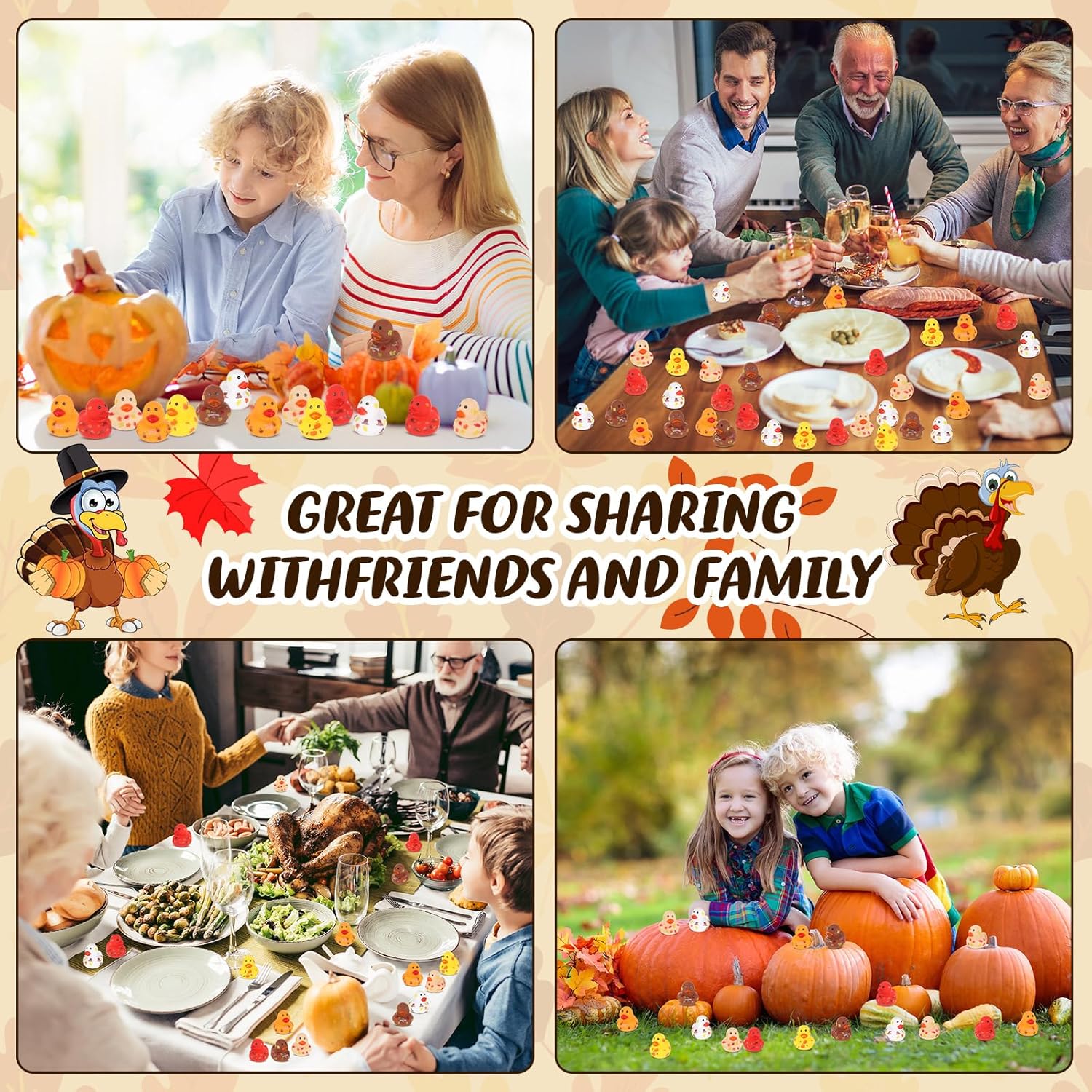 Lenwen 100 Pcs Thanksgiving Turkey Rubber Ducks Bulk 2 Inch Fall Duckies for Friendsgiving Thankful Dinner Party Activity Supplies Table Decorations