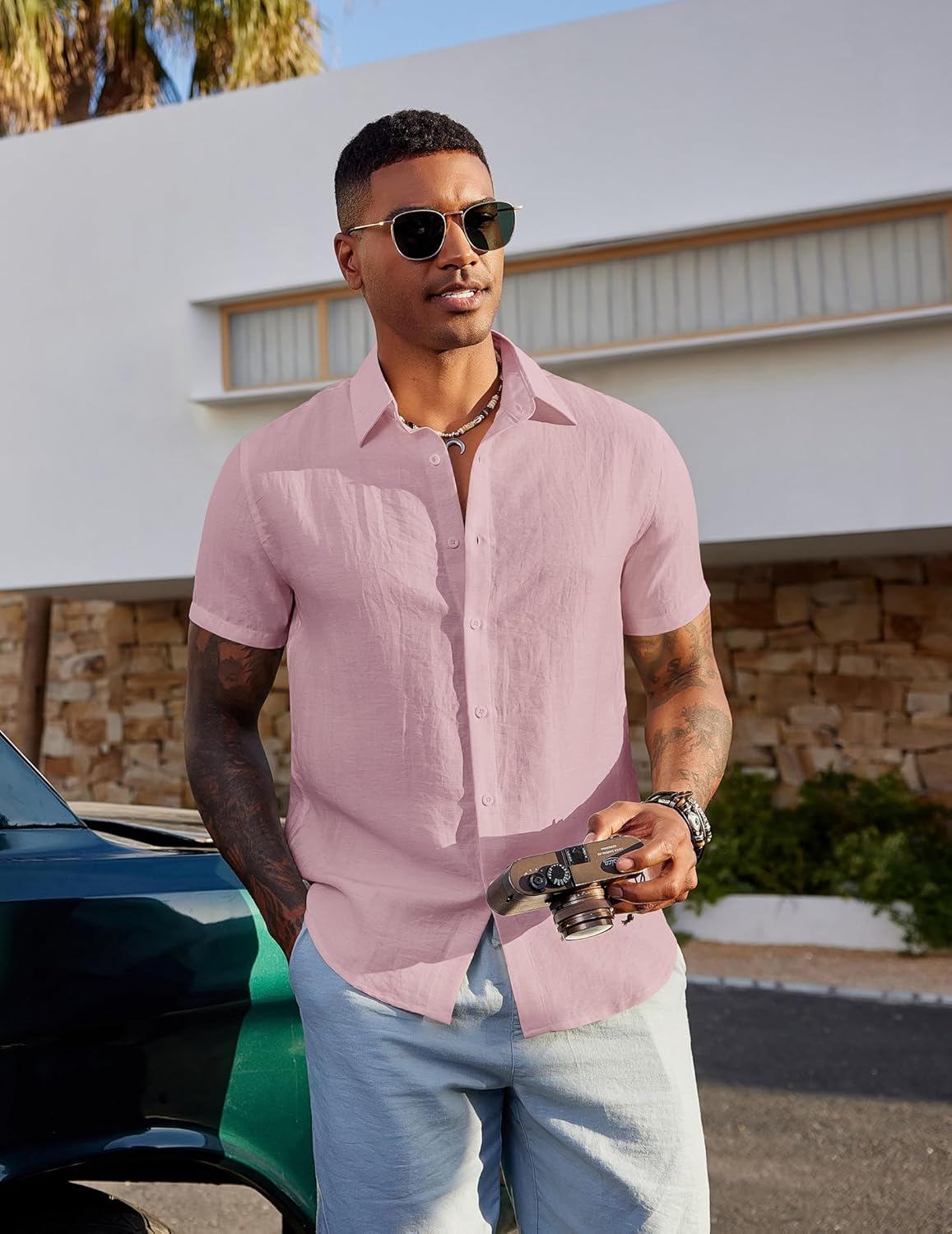 COOFANDY Men's Linen Shirts Short Sleeve Casual Button Down Shirts Beach Summer Wedding Tops - Image 2