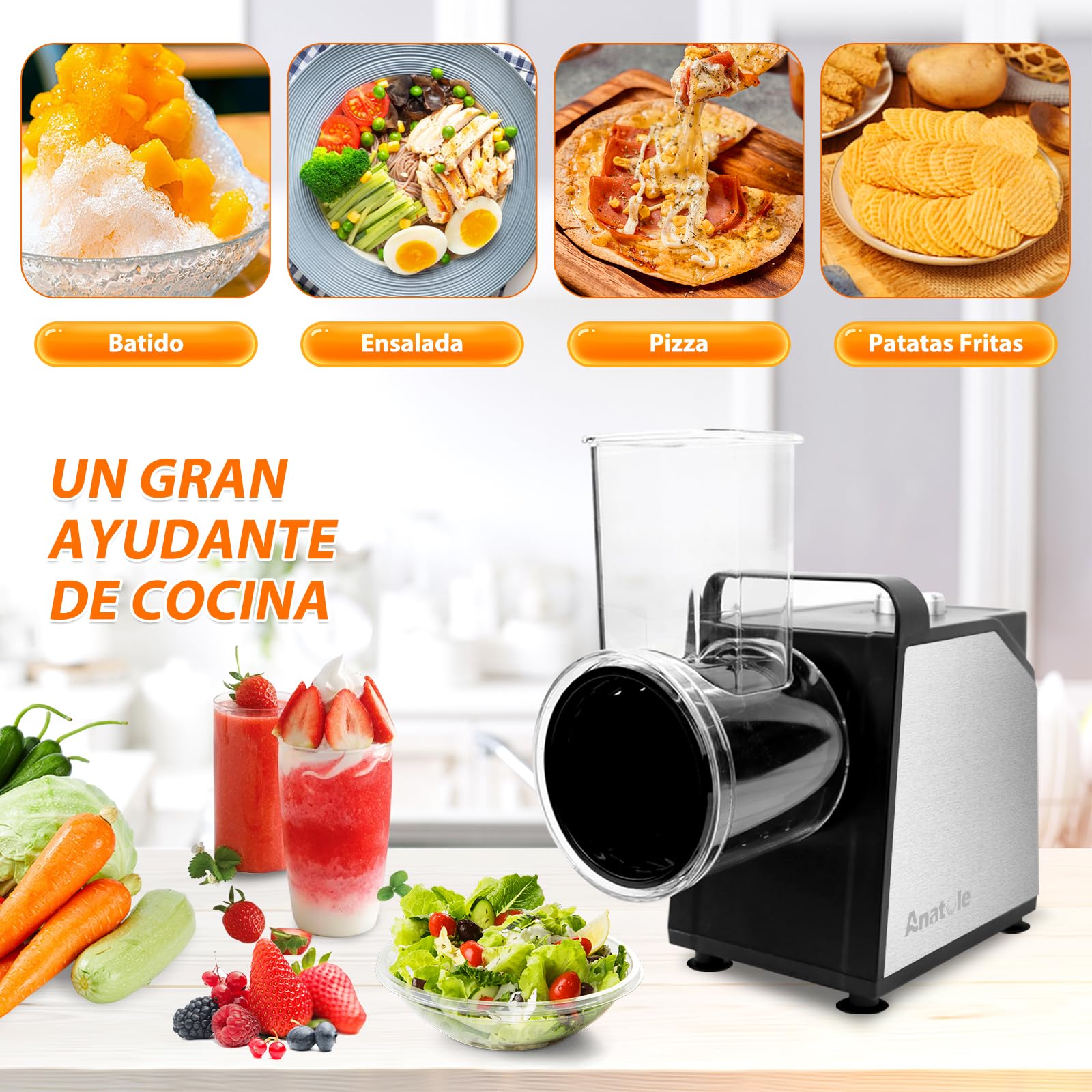 Anatole Cortador de Verduras Eléctrico Picadora de Hielo 7 Cuchillas Rallador de Queso Acero Inoxidable 250W Gran Calibre Mandolina de Cocina Multifuncional 220V Enchufe UE