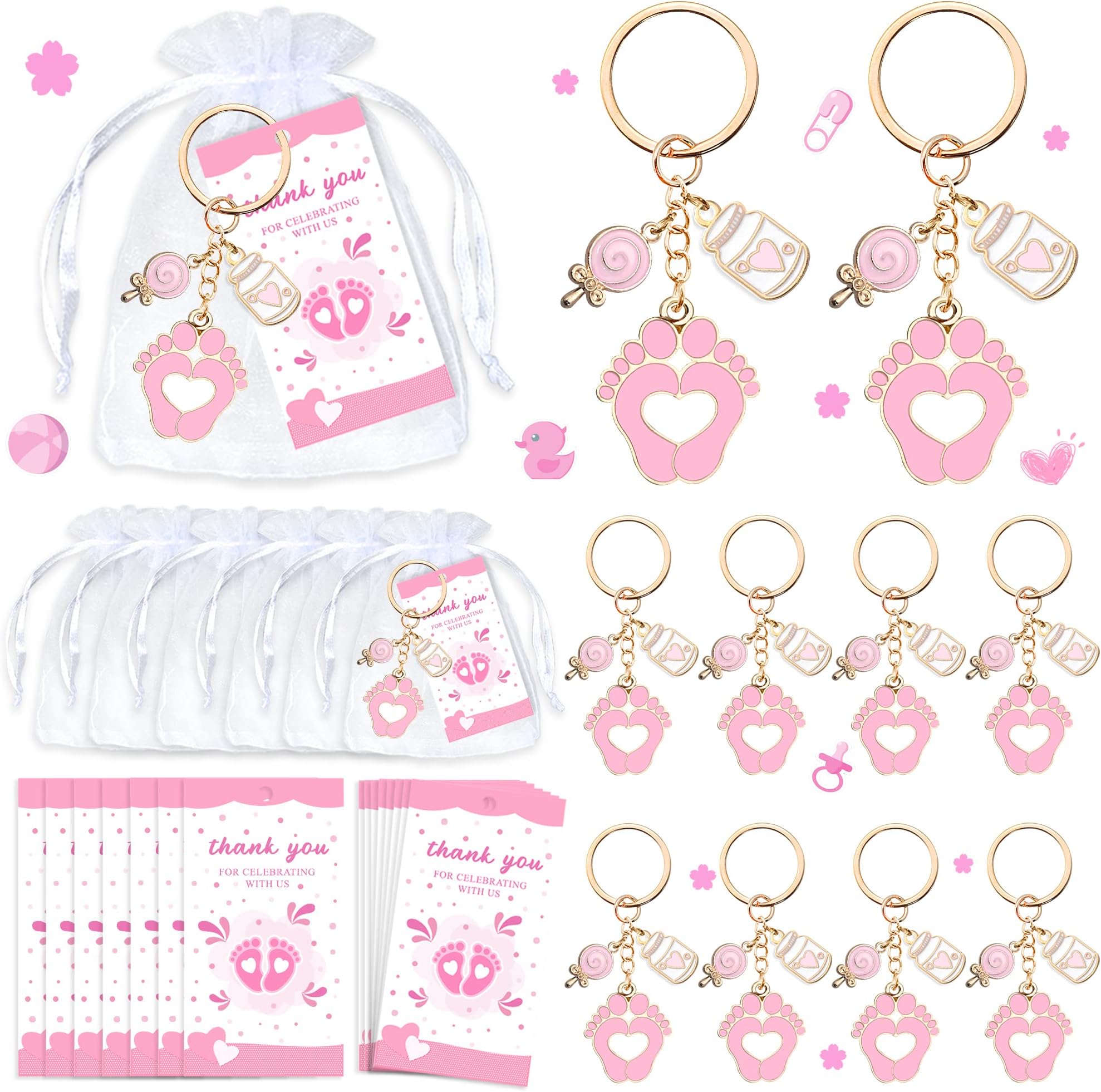 12 Sets Baby Shower Favors Pink Footprint Keychains Gifts with Bottle Lollipop White Organza Bags and Thank You Tags for It's a Girl Decorations Baby Shower Party Supplies (PINK)