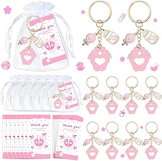 12 Sets Baby Shower Favors Pink Footprint Keychains Gifts with Bottle Lollipop White Organza Bags & Thank You Tags It's a Girl Decorations Baby Shower Party Supplies (PINK) (BWDMGM10003)