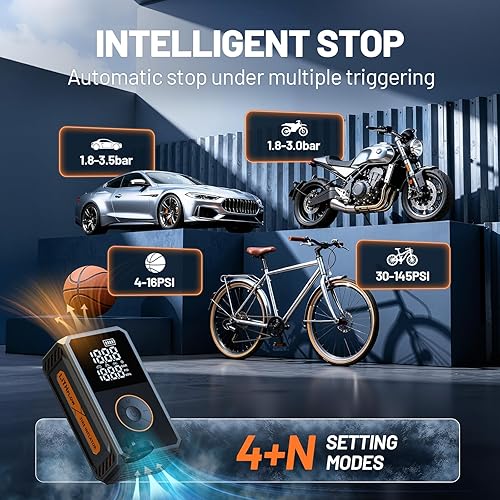 Miniatura 5 de Compresor de aire portátil para inflador de neumáticos, kit de bomba de bicicleta inalámbrica con pantalla grande, inflado 1 minuto más rápido con