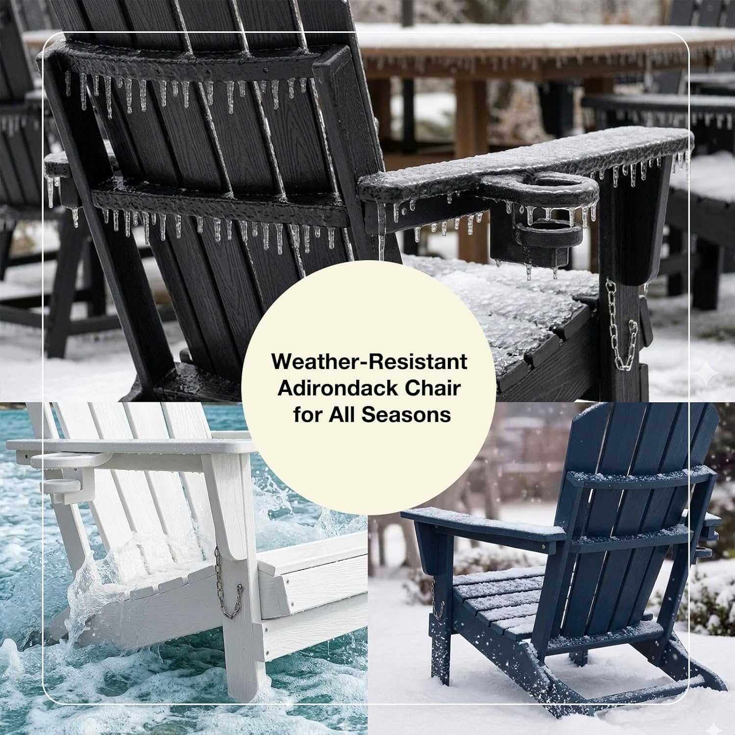 HDPE Folding Adirondack Chair, Outdoor Patio Chair with Cup Holder, Weather Resistant Wood Grain Lawn Chair for Backyard, Garden, Fire Pit, Deck, Black