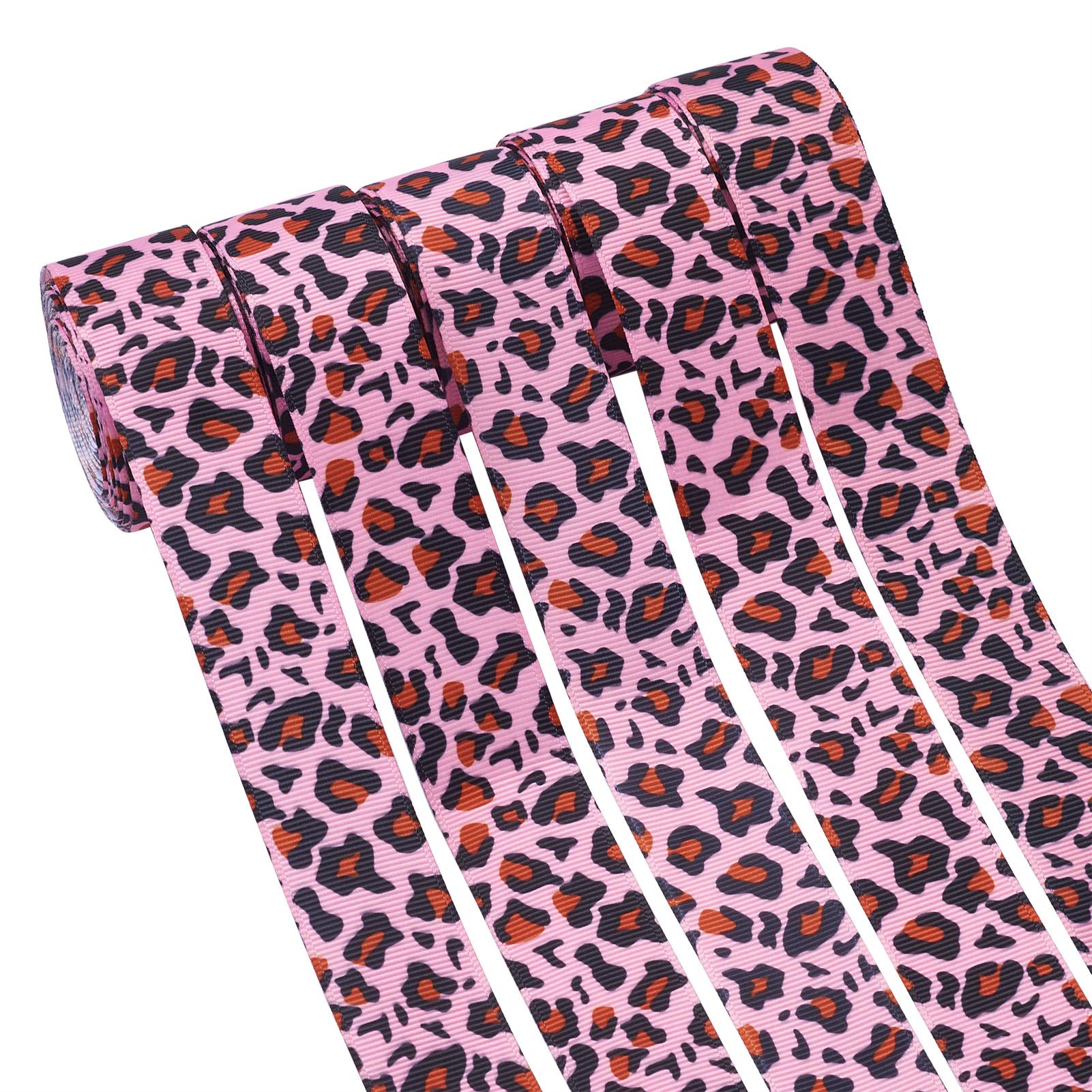Fashewelry 25 Yards 5 Rolls 1'' Leopard Grosgrain Ribbon Roll Pink Cheetah Wild Animal Print Fabric Craft Ribbon for Gift Wrapping Hair Bows Wedding Party Decors