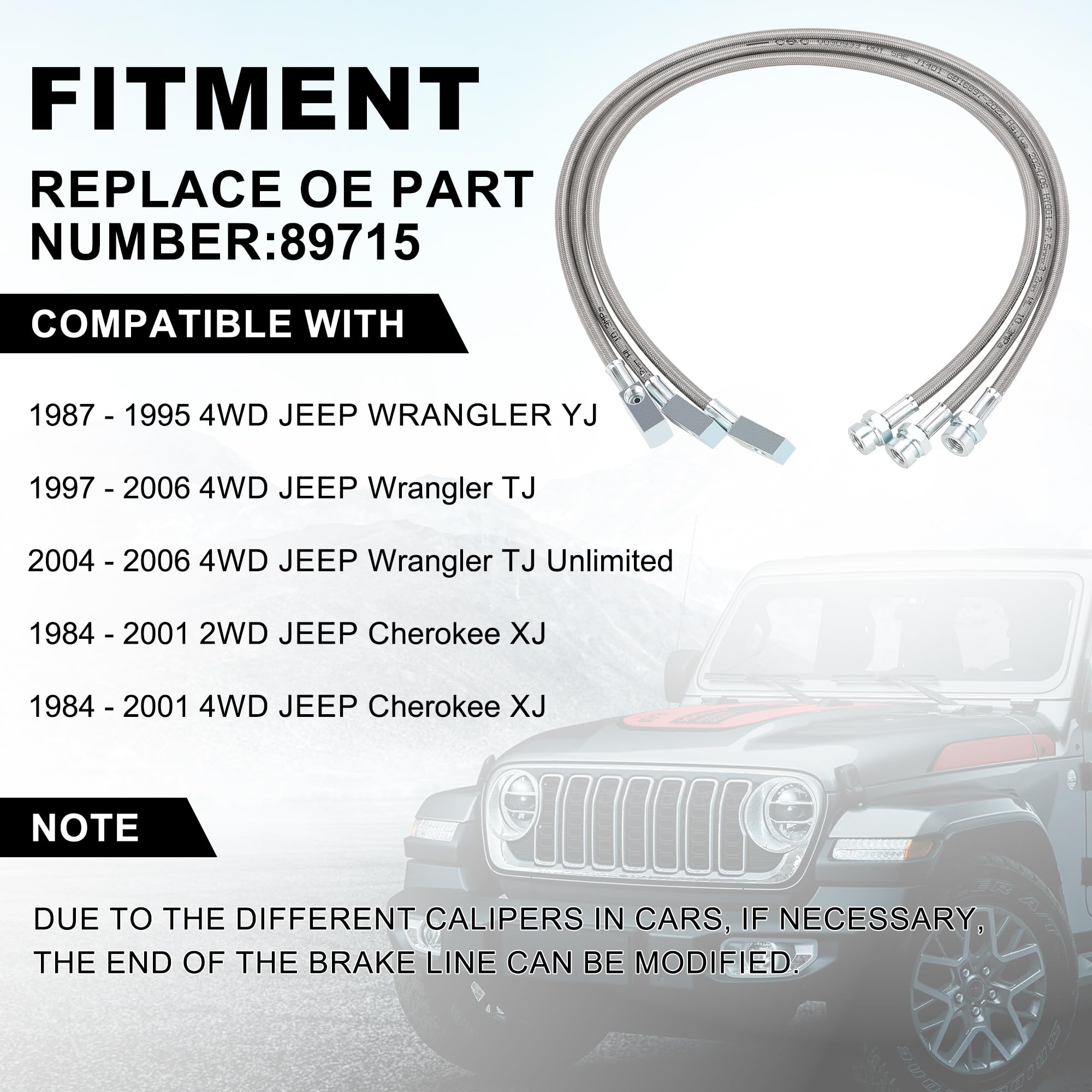89715 Linee freno in acciaio inox per Jeep Wrangler TJ/YJ/XJ 1987-2006, anteriore/posteriore (89702 e 89703)
