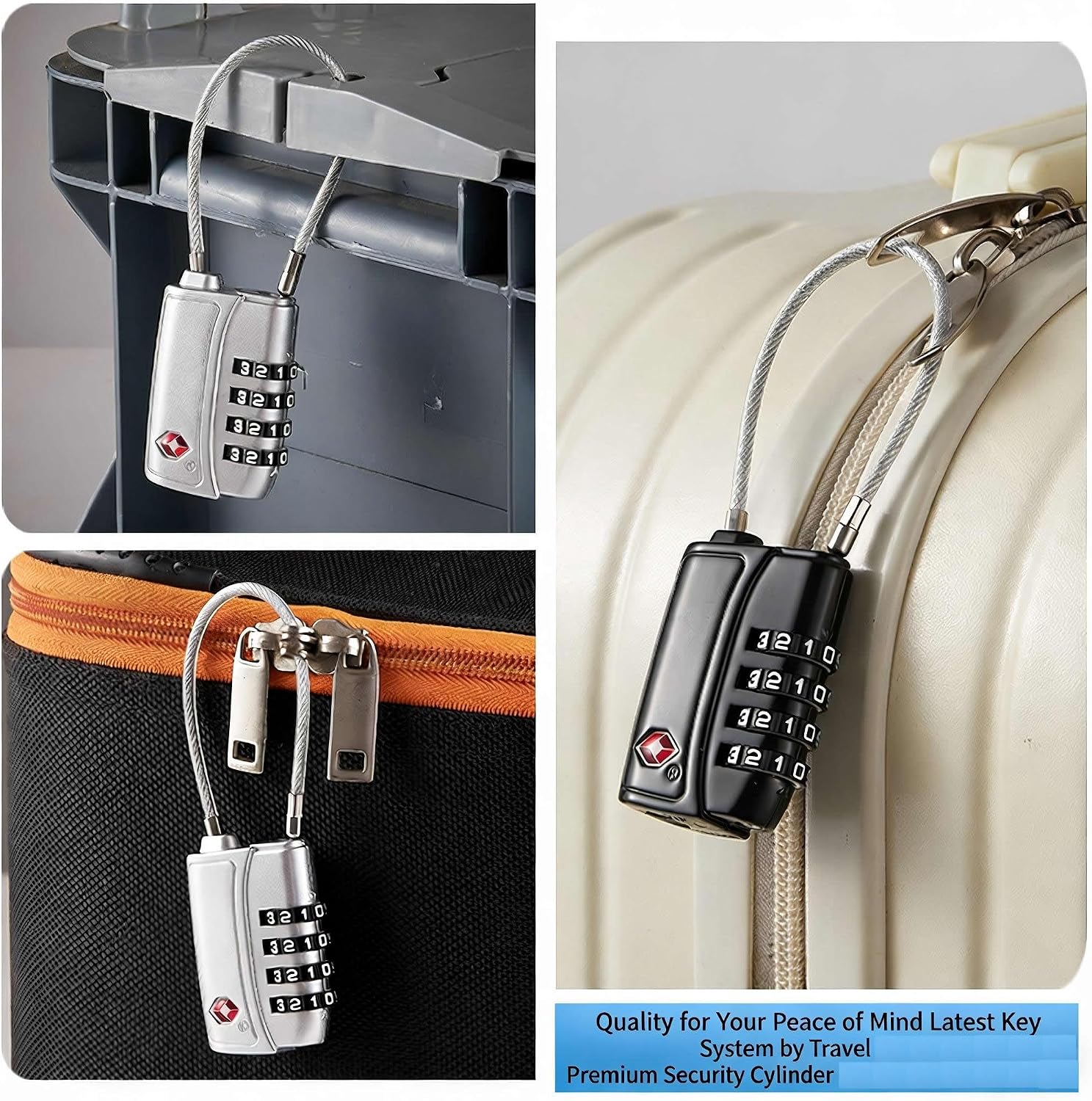 TSA Approved Luggage Locks with Cable- 4 Digit Resettable Combination Lock, Resettable Code Padlock with Zinc Alloy Body & Open Alert Indicator for Suitcase, Backpack, Gym Locker,Toolbox,Silver