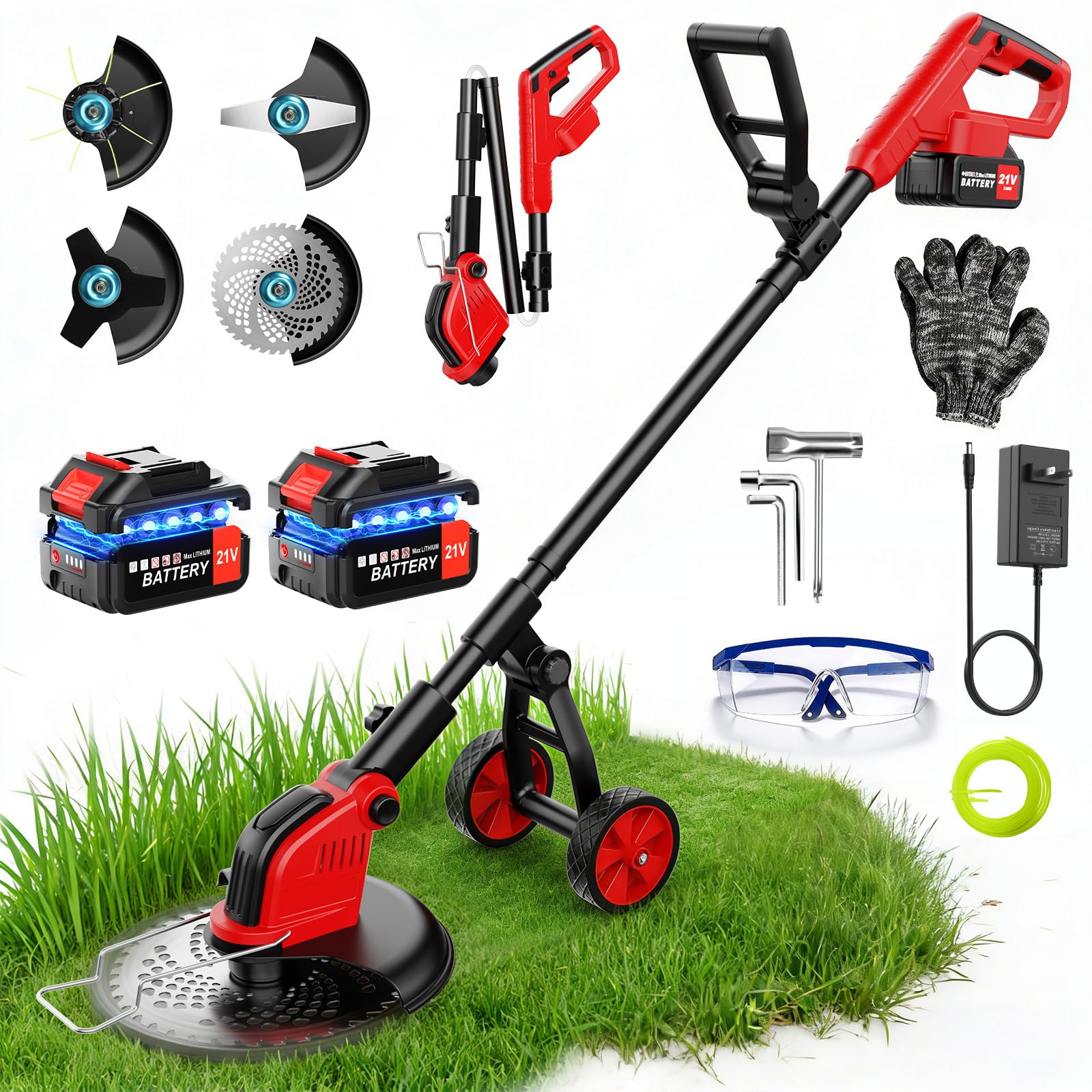 Photo 1 of 12-Inch  Wacker with Wheels, 2x3.0Ah 21V Battery Powered Weed Eater, Cordless Lawn Mower with 4 Types Blades, 20000RPM Electric Brush Cutter Grass Trimmer for Garden Yard