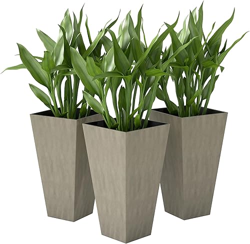 Outsunny Tall Planters for Outdoor Plants Set of 3, 28 in Taper Planters with Drainage Holes, Indoor Grande Plant Pots, Front Porch Decor, Grey