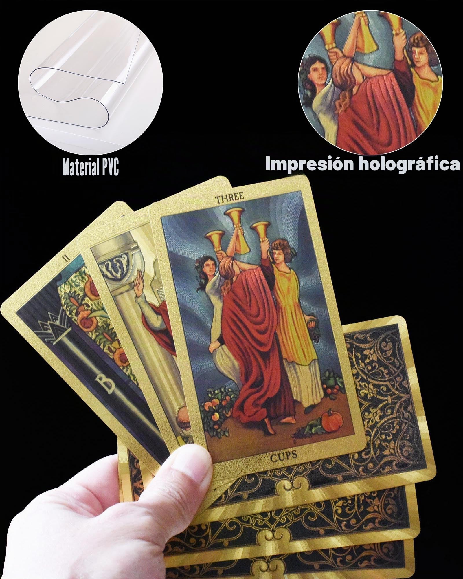 Tarot Rider Waite Dorado, 78 Cartas de Tarot con Guía en Inglés de 36 Páginas, PVC Impermeable y Antiarrugas, Diseño Loto Dorado para Principiantes y Coleccionistas