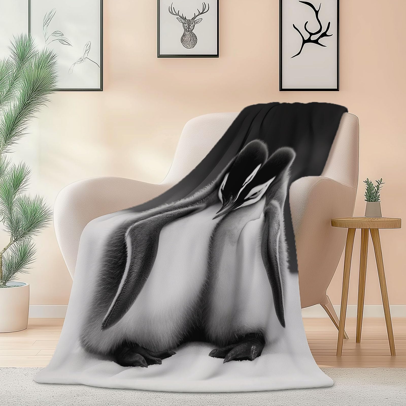 Fleece Kuscheldecke 150 x 200 cm, Tier Süß Kleiner Pinguin Muster Warm Plüsch Wohndecke für Jungen Mädchen Erwachsene Teenager - Grau Schwarz Weich Flanell Decke für Sofa Sessel Bett Reisen Büro