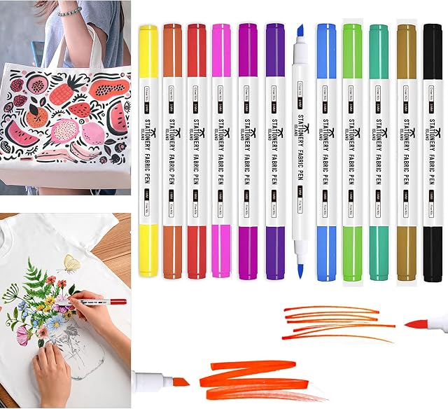 STATIONERY ISLAND Fabric Pens Permanent for Clothes T-Shirt 12 Colours Textile Markers Art and Craft Laundry Pen Canvas Tote Bag Pillowcase Colouring Paint Pen for Children Kids Boys Girls Adults