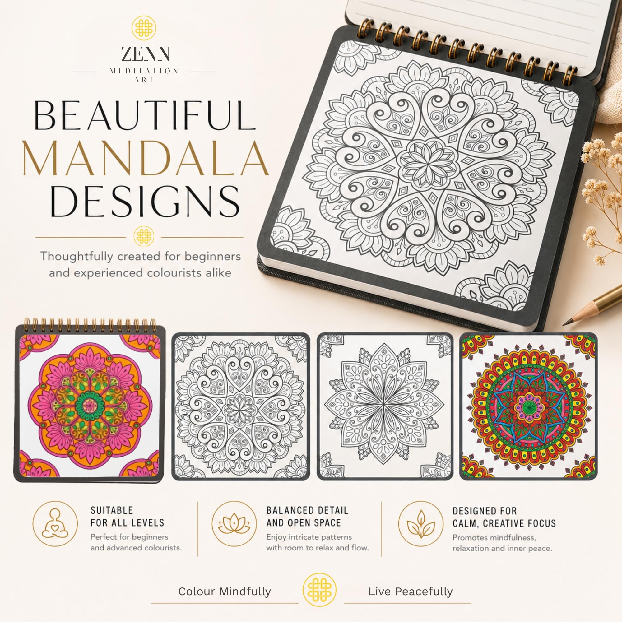 Zenn Meditation Art Set regalo per colorare mandala rosa petalo Premium Arts & Craft con 12 pennarelli a doppia punta a pennello | per calma creatività Focus |