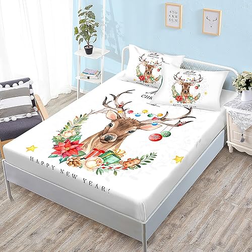 ZYFAB Christmas Fitted Sheet Set Elk Bedding Sheet SetUltra Soft Bed Cover Christmas Tree Printed Bedspread New Year Gift Bedroom DecorJSingle