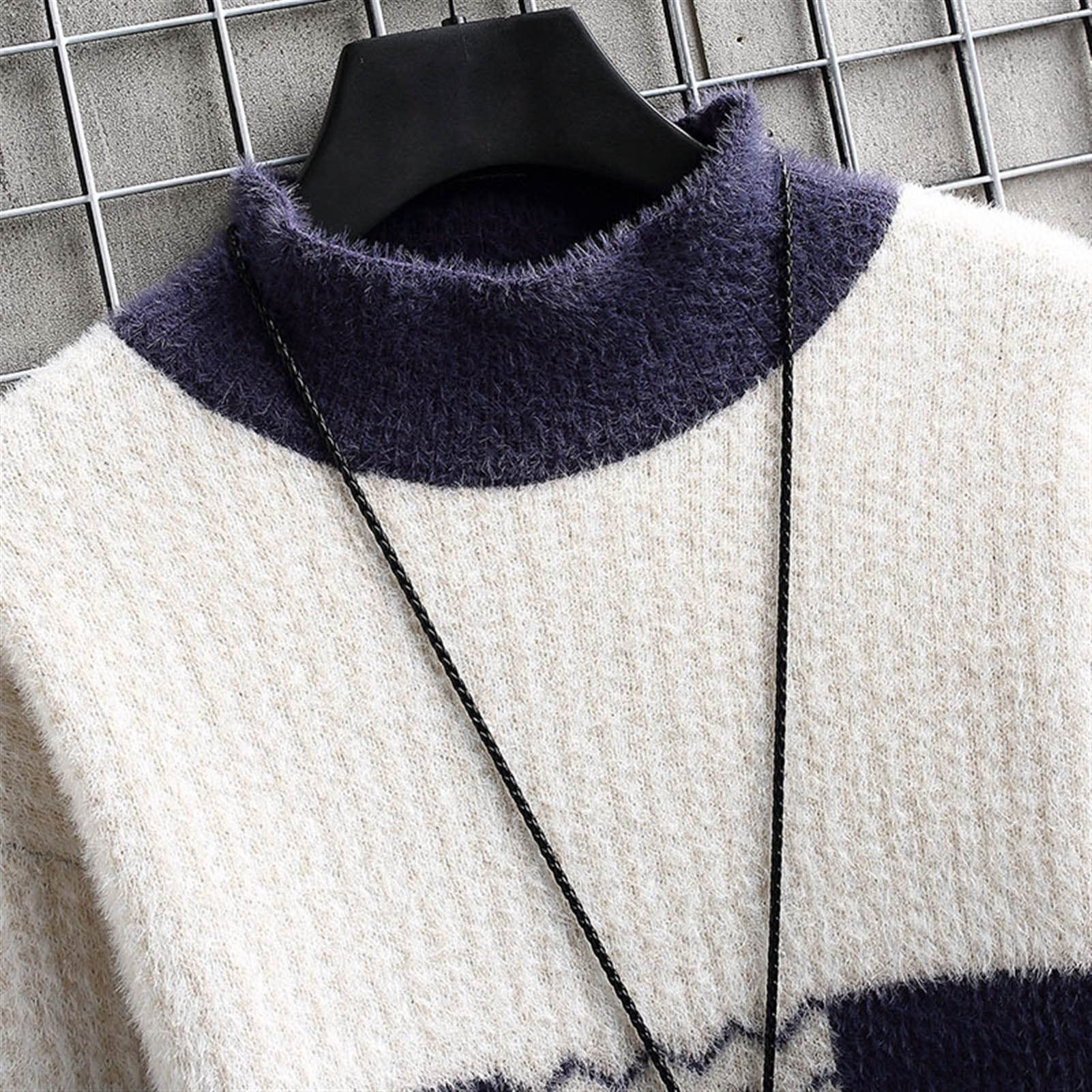 Wąski sweter męski sweter z golfem jesień/zima moda kontrastowy kolor ciepły długi rękaw miękki dzianinowy