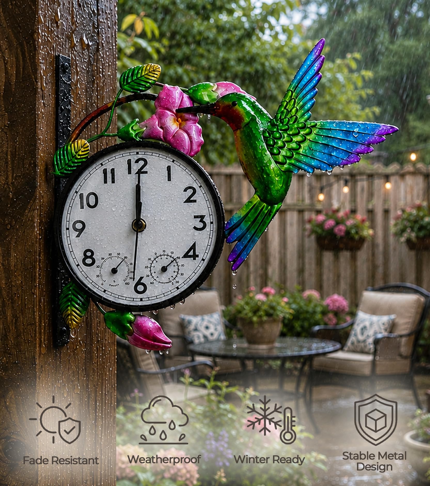 Orologio da esterno con termometro e igrometro Combo | Orologio da parete silenzioso senza ticchettio per patio, impermeabile, decorativo per soggiorno, gloria mattutina e colibrì