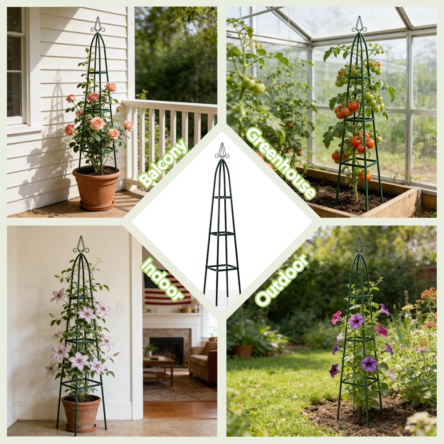 100% Metal Obelisk Trellis for Climbing Plants Outdoor - Heavy Duty Stone Coated Steel Garden Tower Trellis - Tall Sturdy Rustproof Vertical Plant Support for Climbing Vine Vegetables Flowers